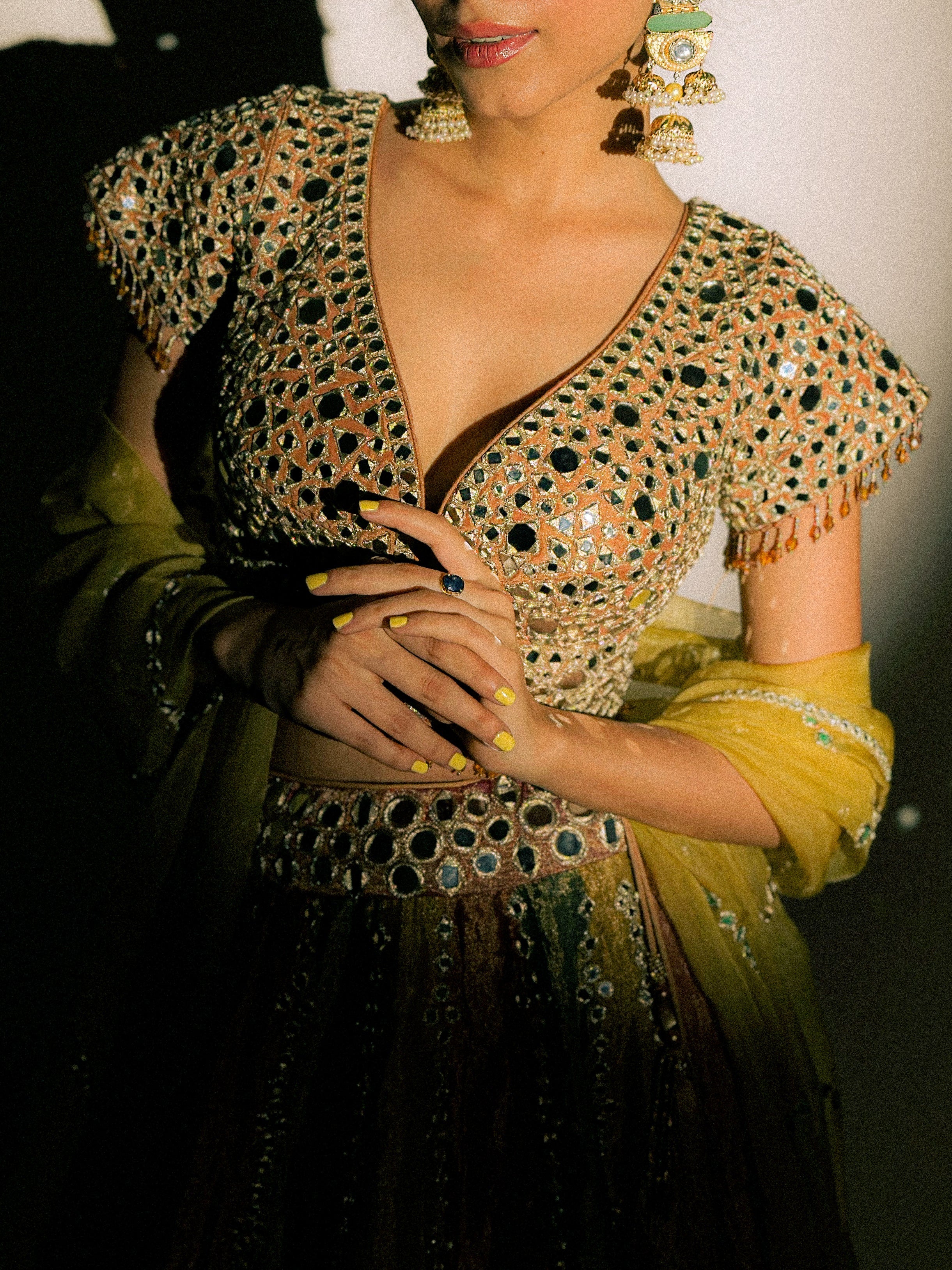 Tri-Color Kalidar Mirror Work Tissue Lehenga Set