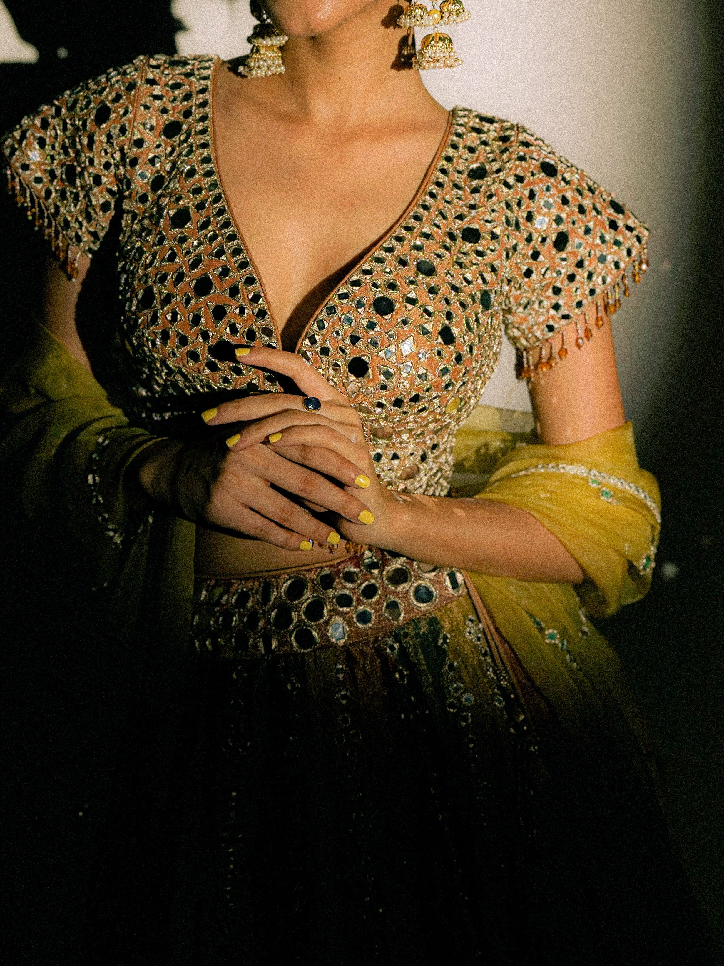 Tri-Color Kalidar Mirror Work Tissue Lehenga Set