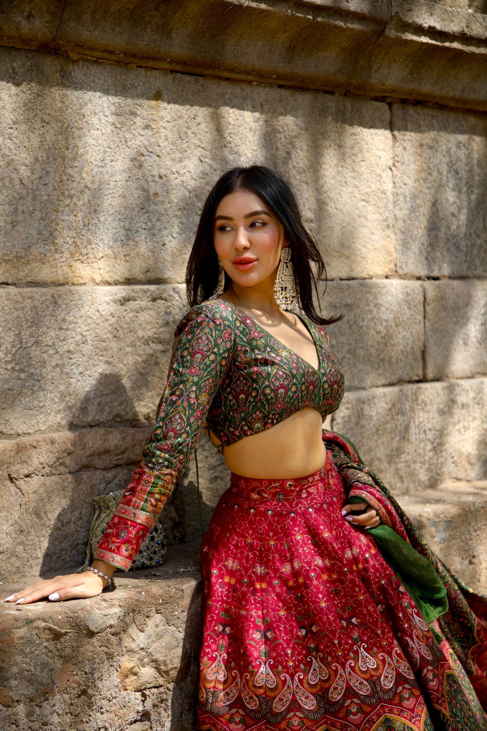 Reshma in Mor Mahal Green-Magenta Lehenga
