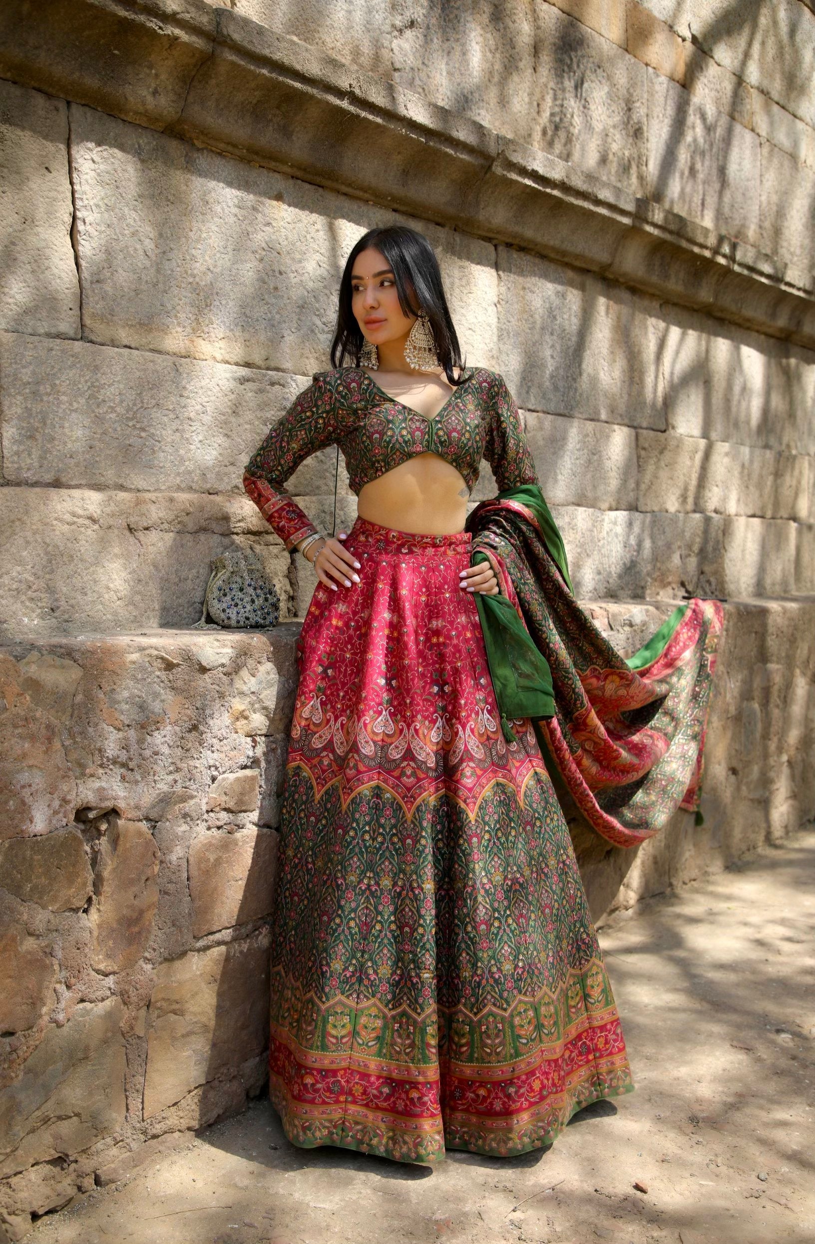 Reshma in Mor Mahal Green-Magenta Lehenga
