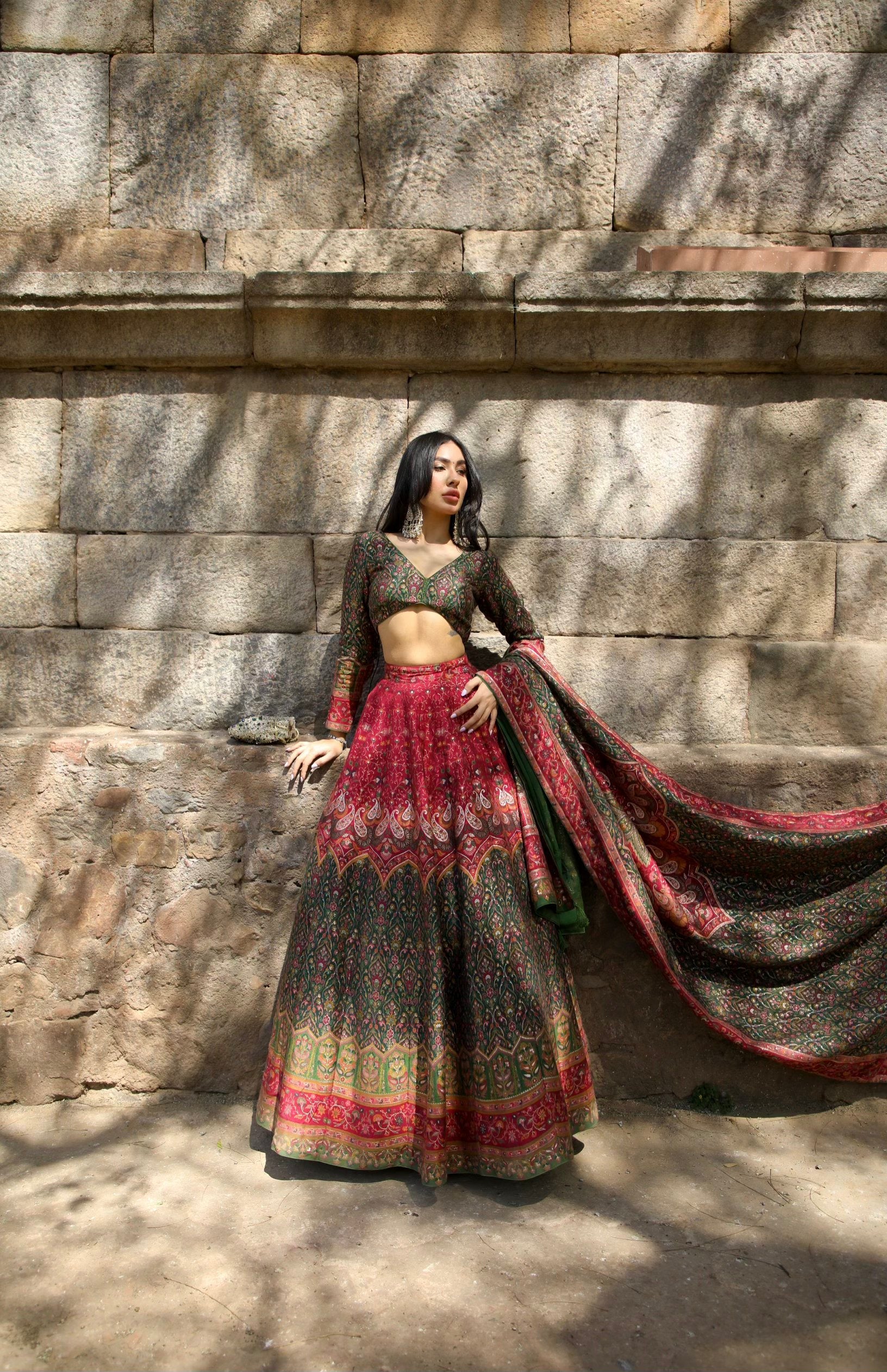 Reshma in Mor Mahal Green-Magenta Lehenga