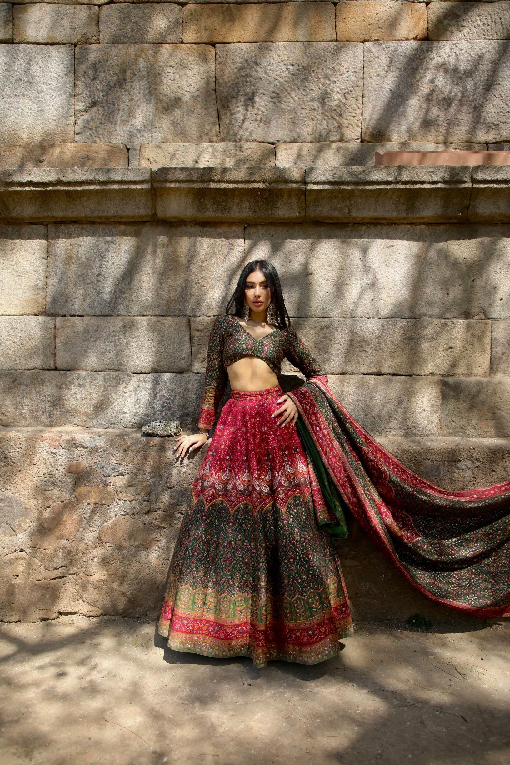 Reshma in Mor Mahal Green-Magenta Lehenga