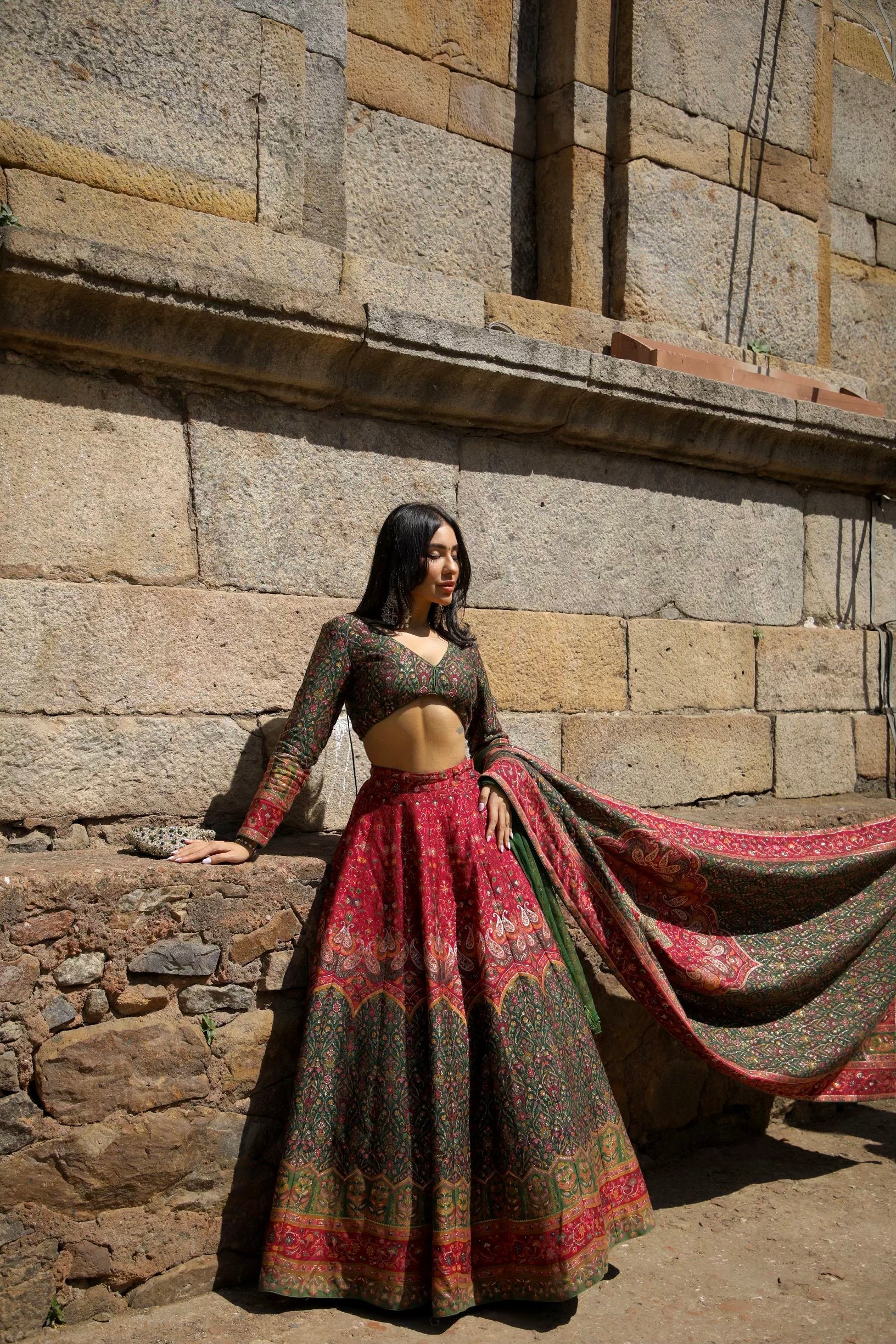 Reshma in Mor Mahal Green-Magenta Lehenga