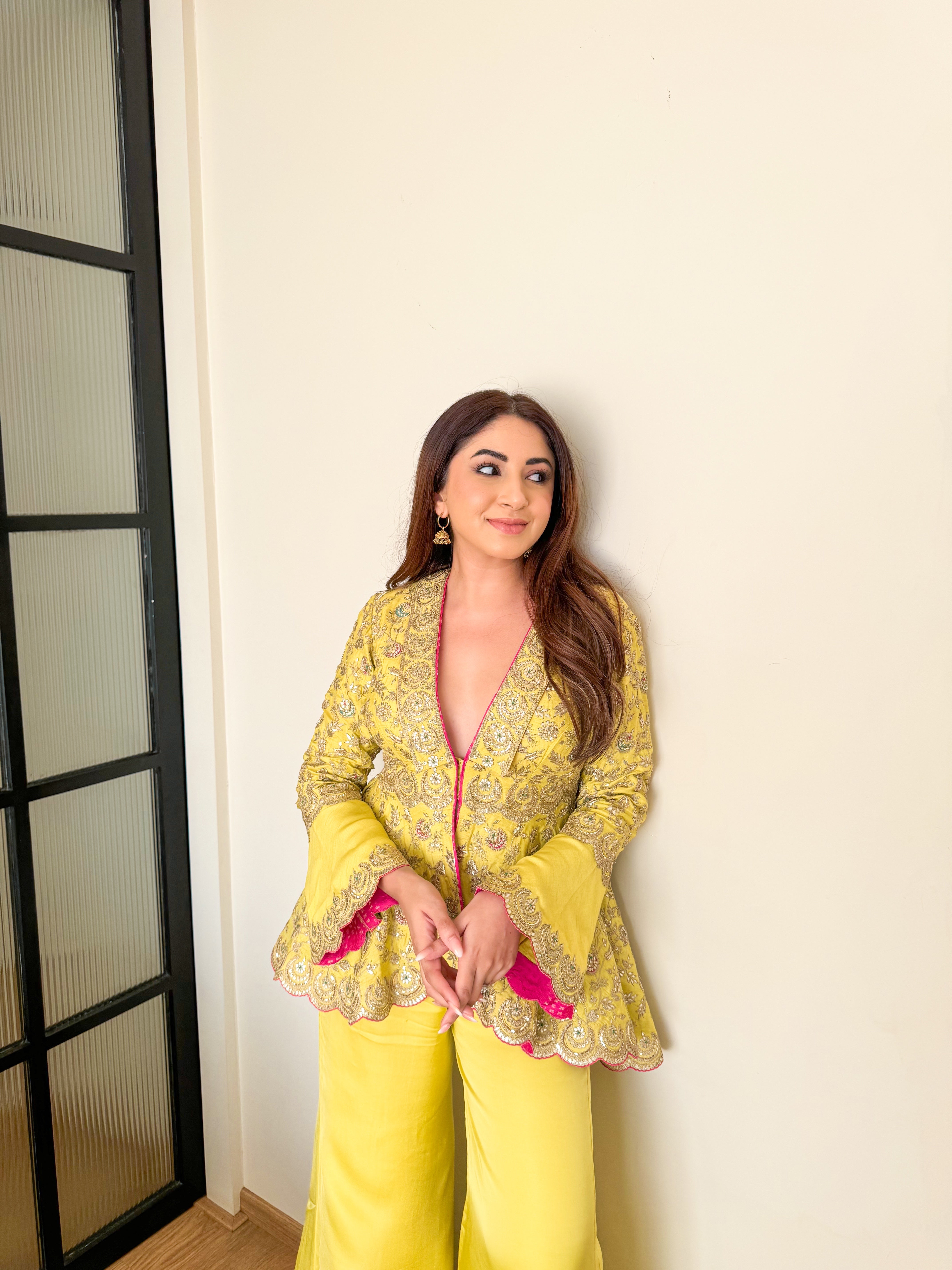 Mehndi Yellow Jacket Trouser Set