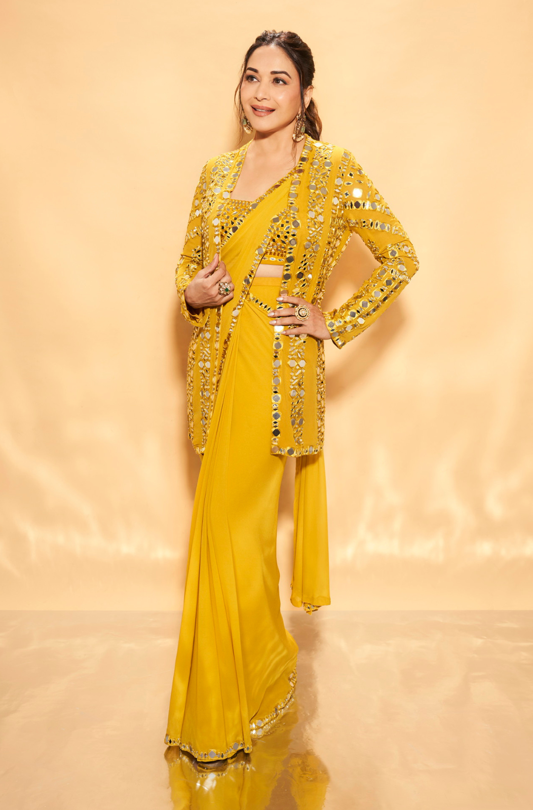 Madhuri Dixit in Yellow Mirror Work Stitched & Jacket Saree