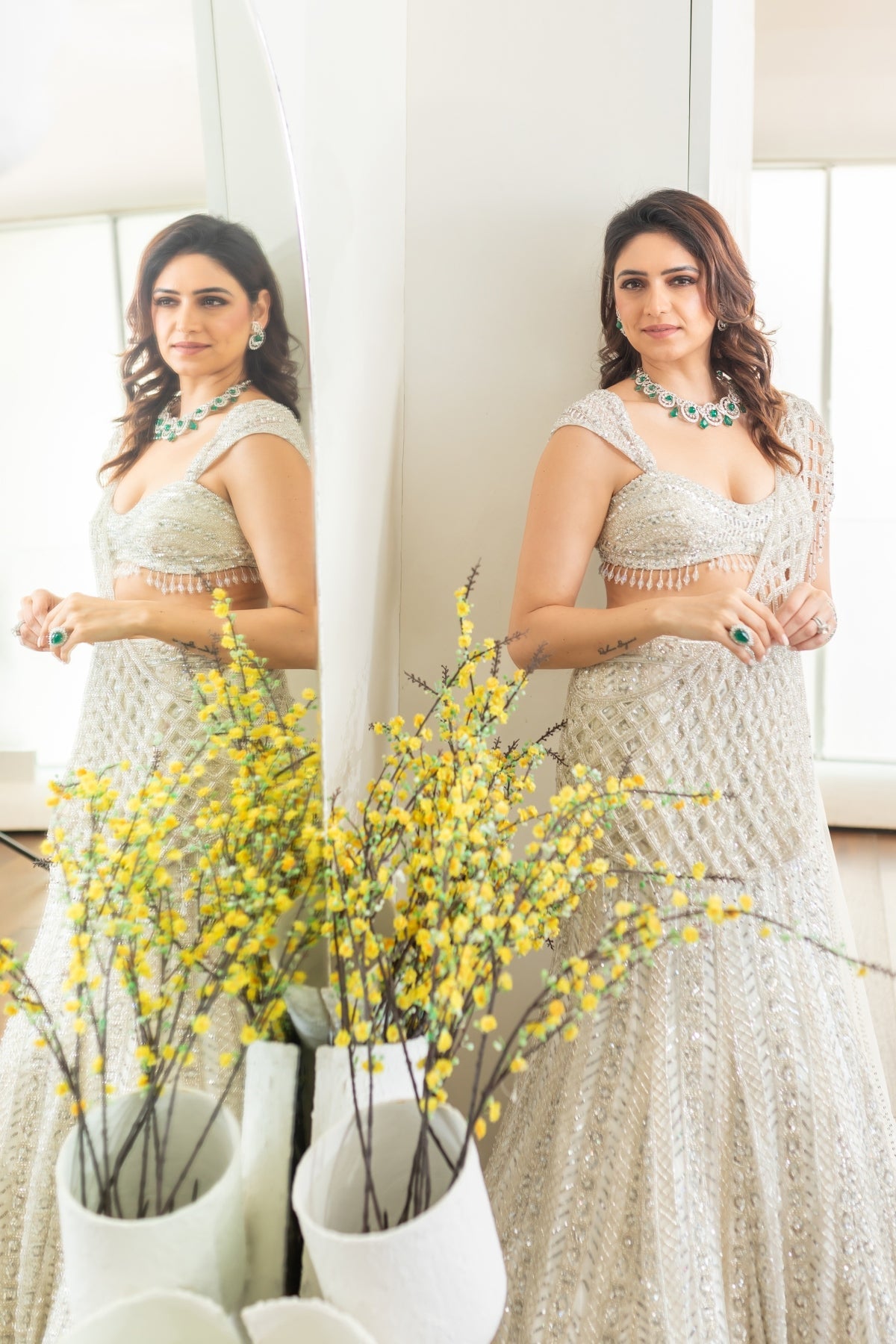 Richa Begani In Silver Embellished Mermaid Skirt Saree Set