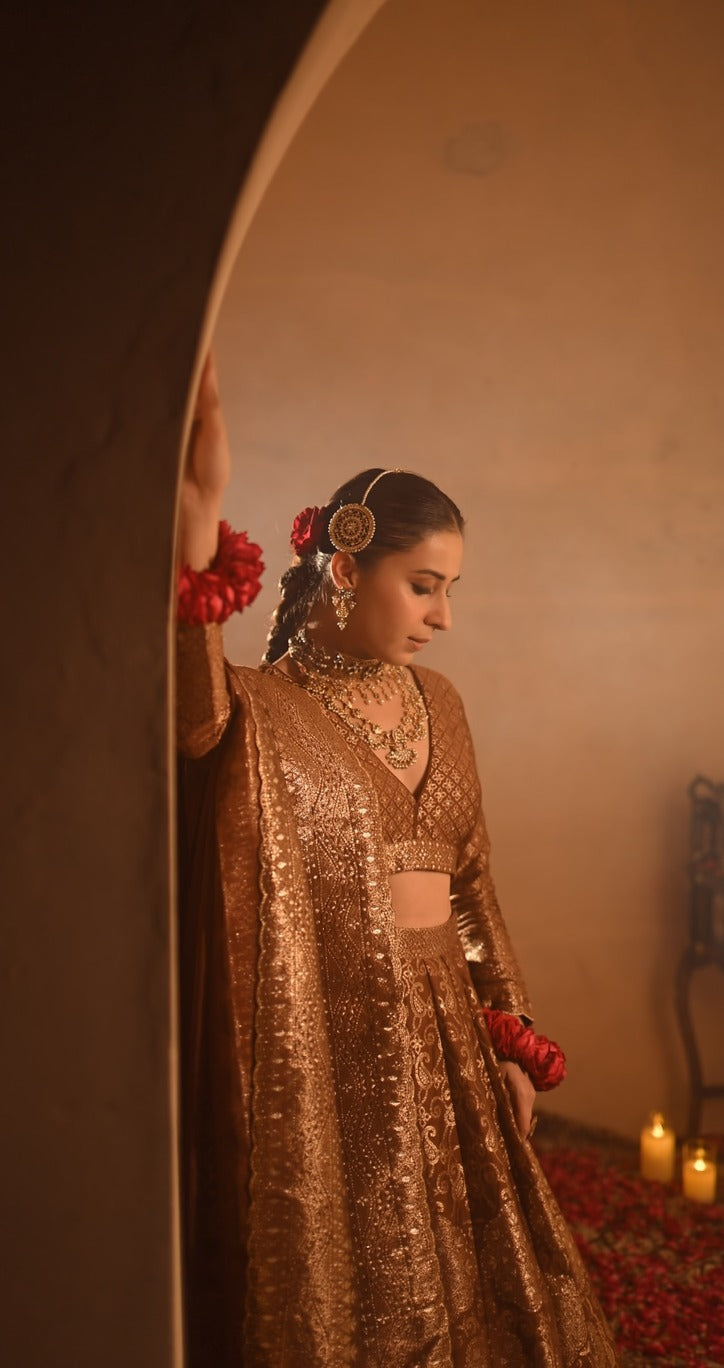 Sania Chadha in Sheesh Mahal Brown Lehenga