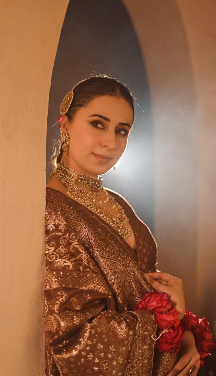 Sania Chadha in Sheesh Mahal Brown Lehenga