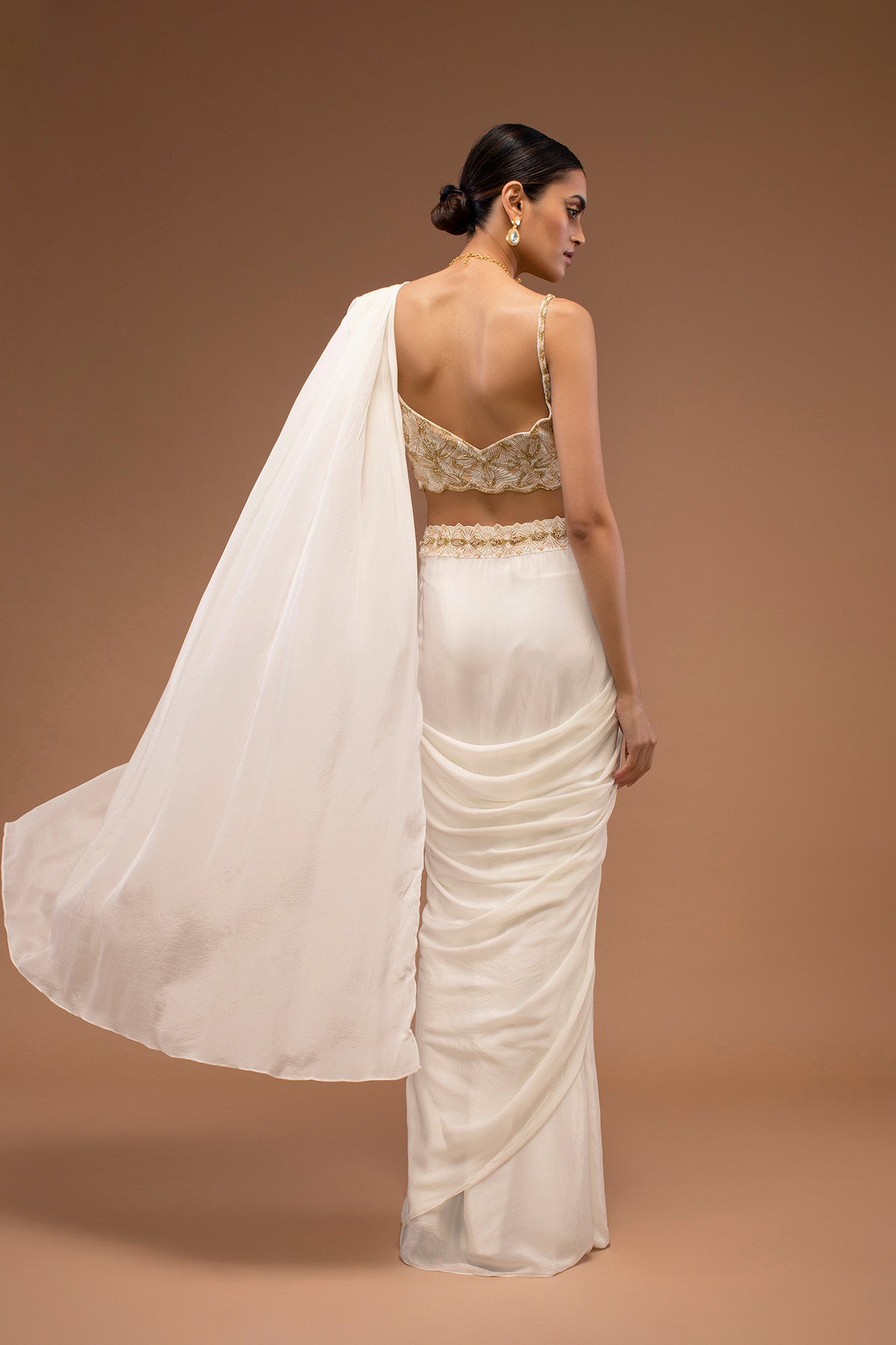 Cotton White Ready To Wear Saree With A Crop Top Set In Cut Dana Embroidery, Paired With The Spaghetti Straps With A Corset Neckline