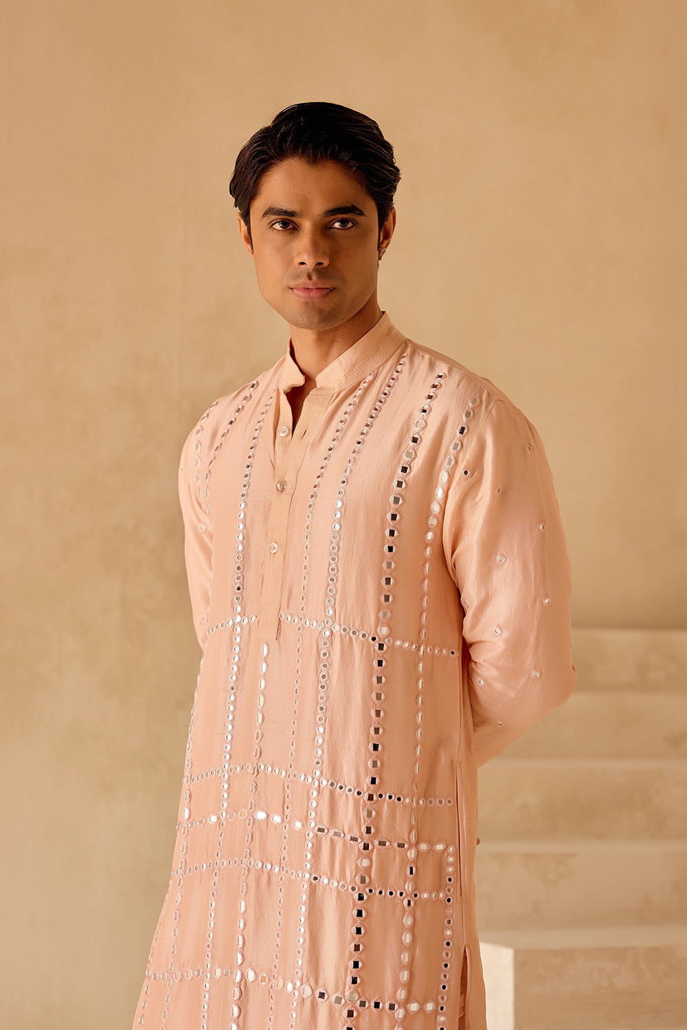 PEACH SILK KURTA WITH MIRRORWORK CHECK JAAL
