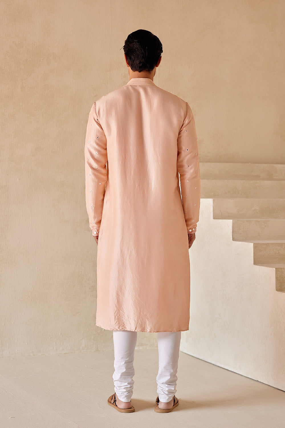 PEACH SILK KURTA WITH MIRRORWORK CHECK JAAL