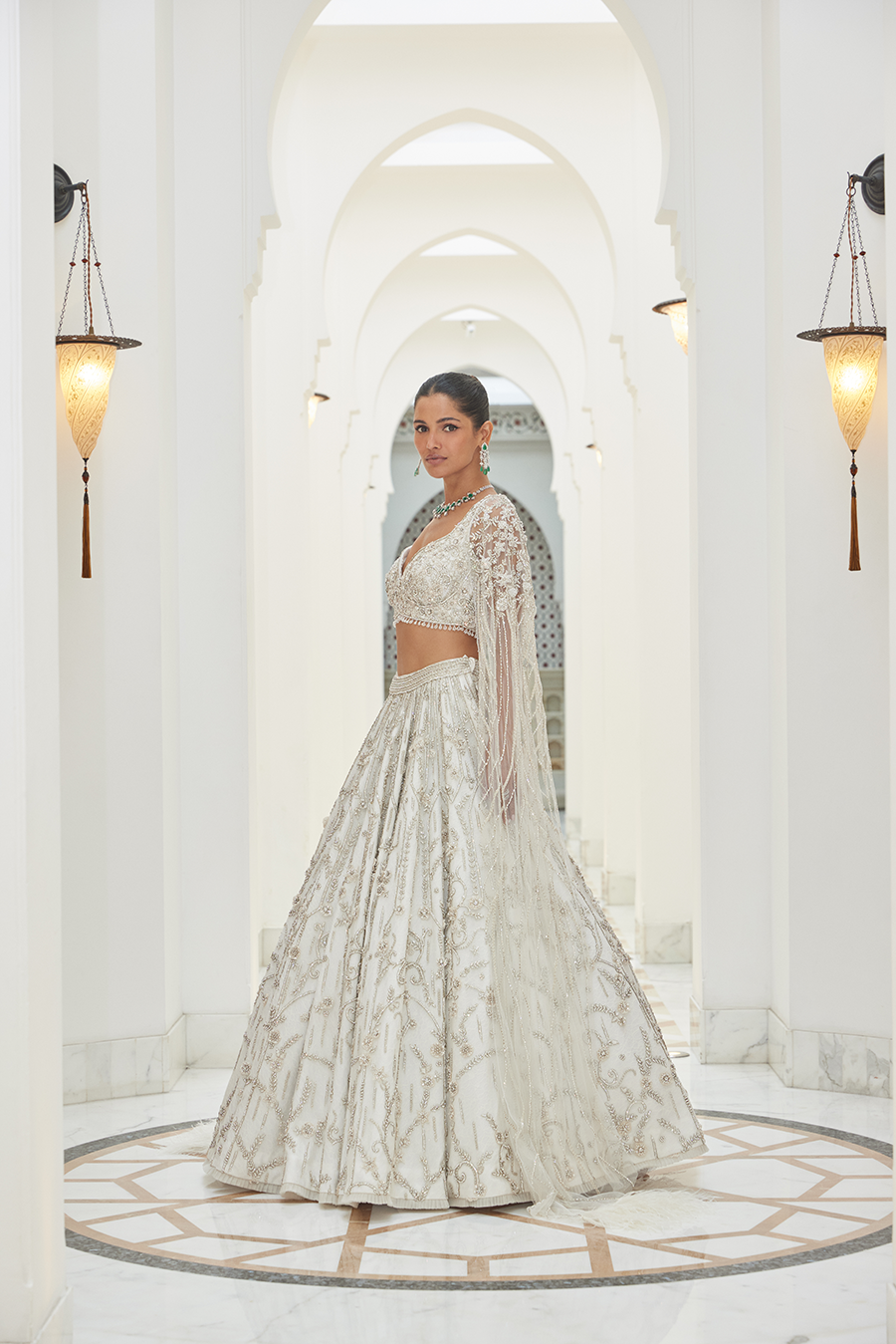 Ivory Net Flared Skirt And Blouse With Long Bird Sleeves