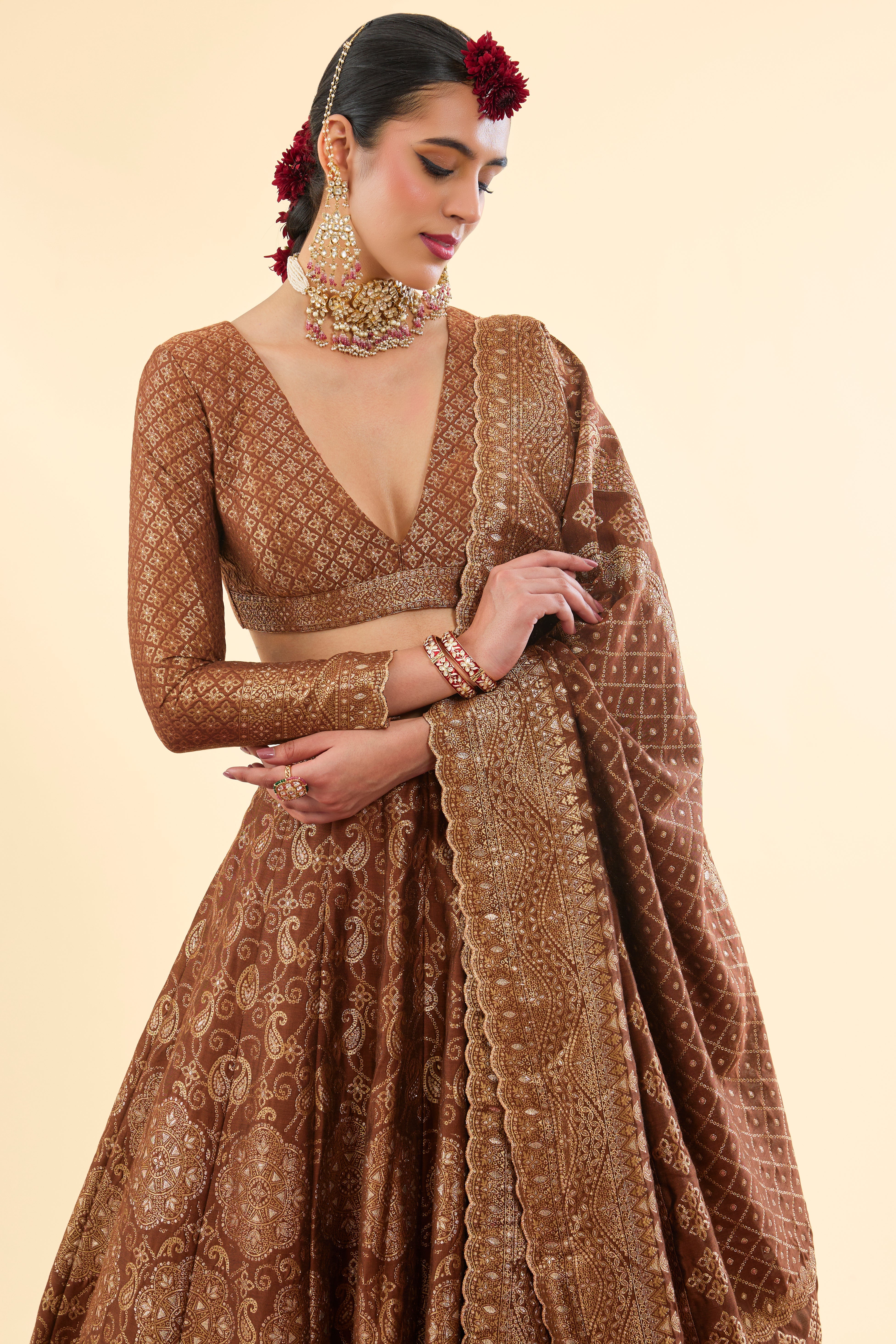 Sheesh Mahal Brown Lehenga with Dupatta Set of 3