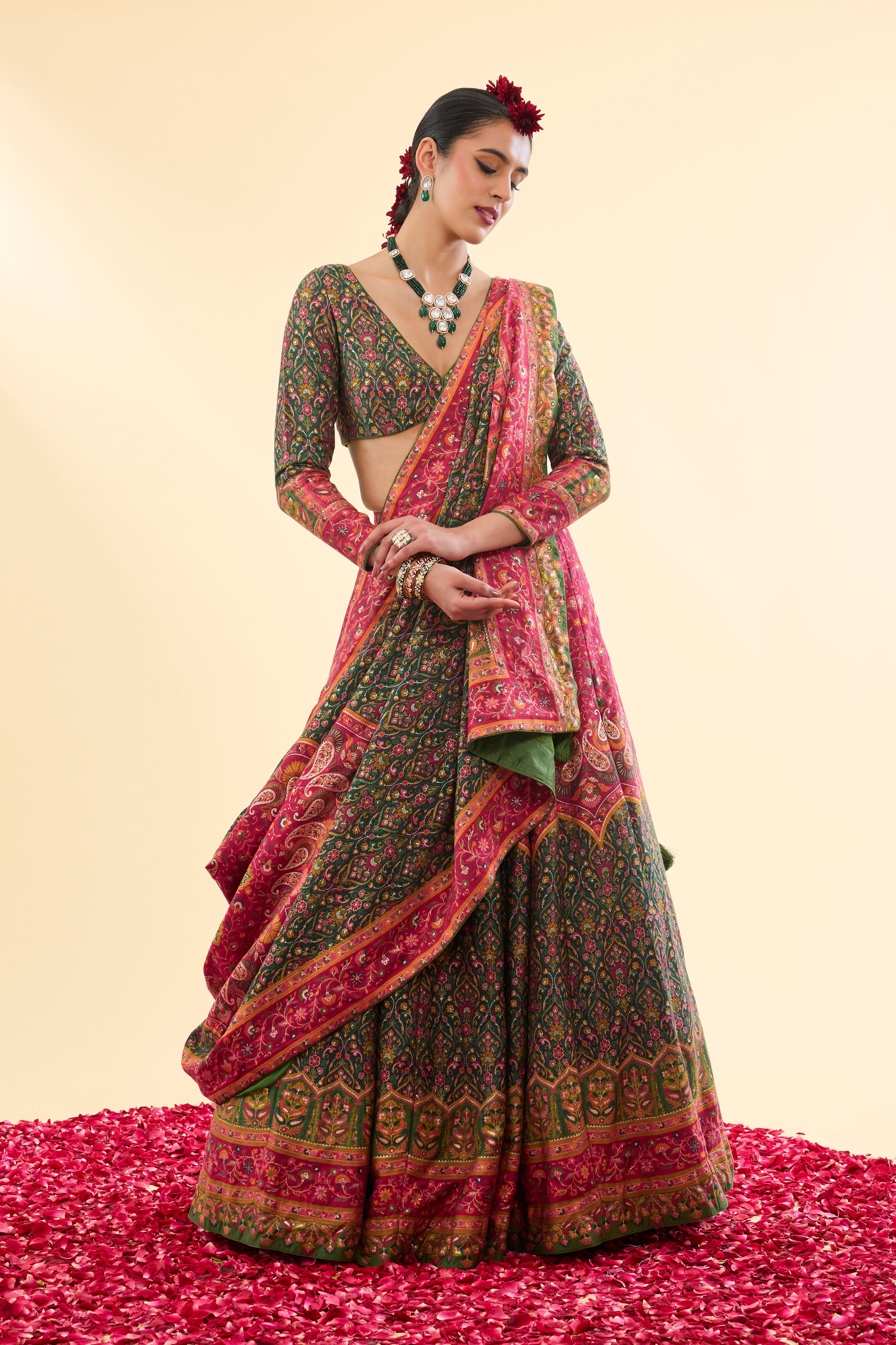 Mor Mahal Green-Magenta Lehenga with Dupatta Set of 3