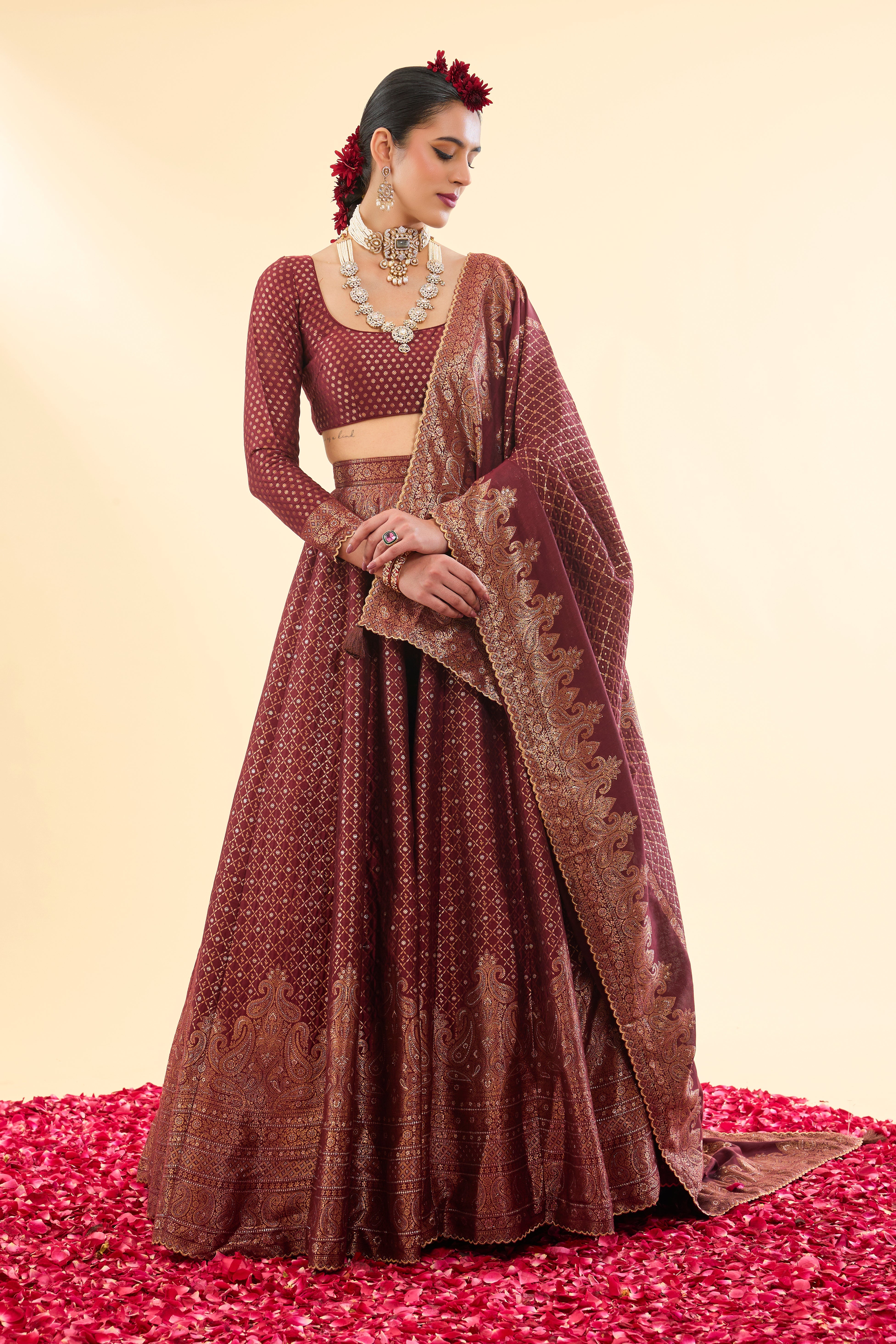 Falaknuma Deep Burgundy Lehenga with Dupatta Set of 3