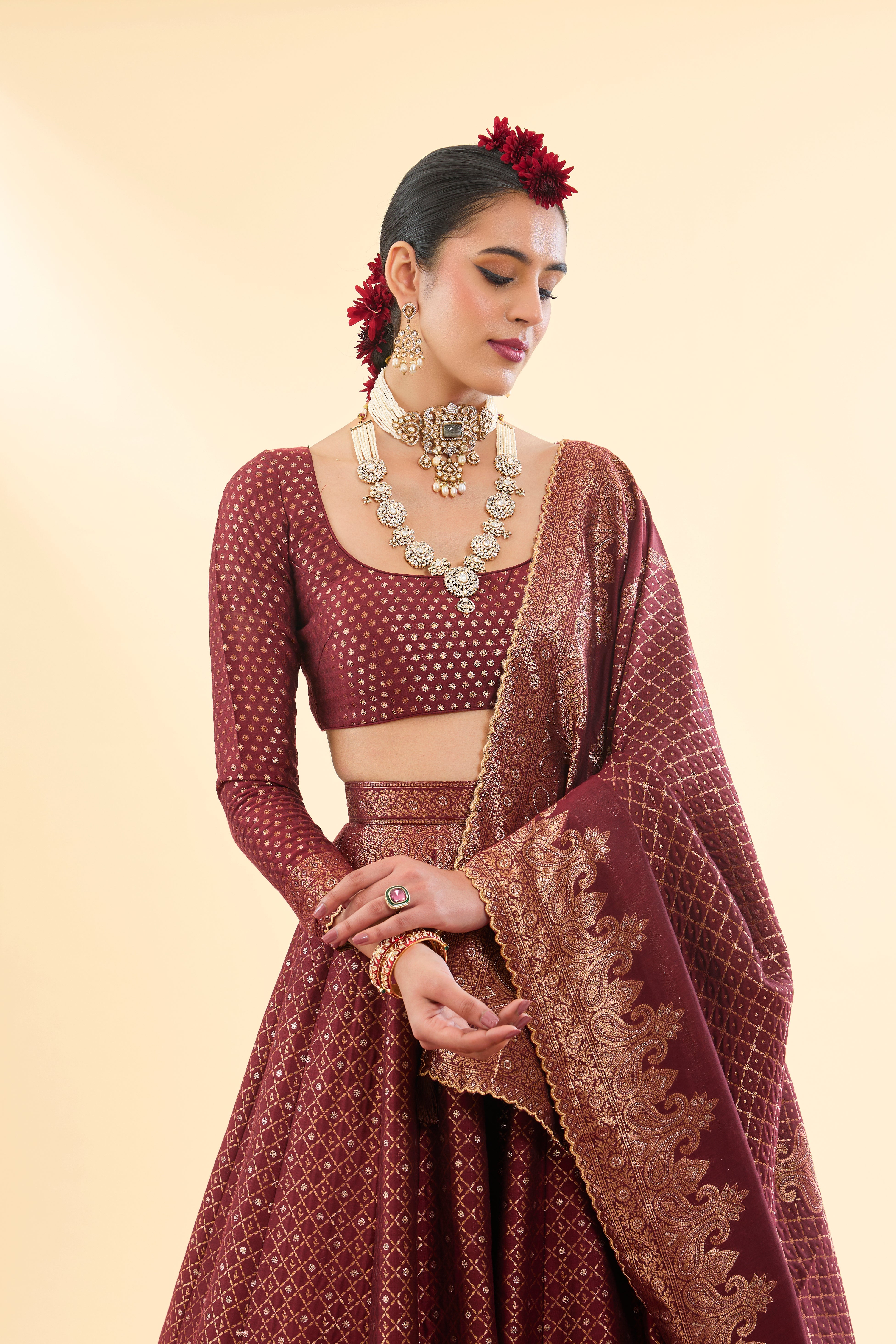 Falaknuma Deep Burgundy Lehenga with Dupatta Set of 3