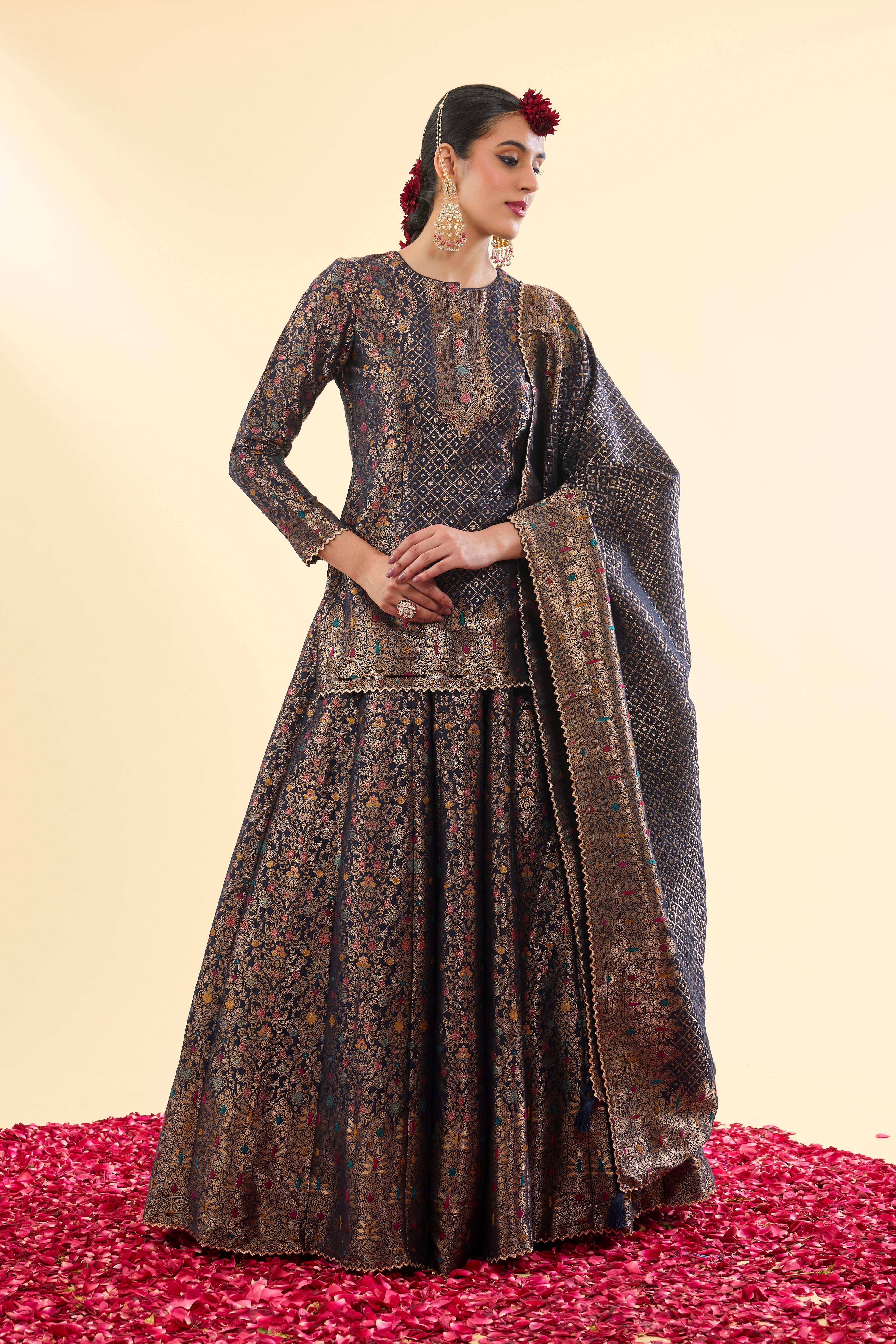 Roshnara Bagh Navy Blue Lehenga with Dupatta Set of 3