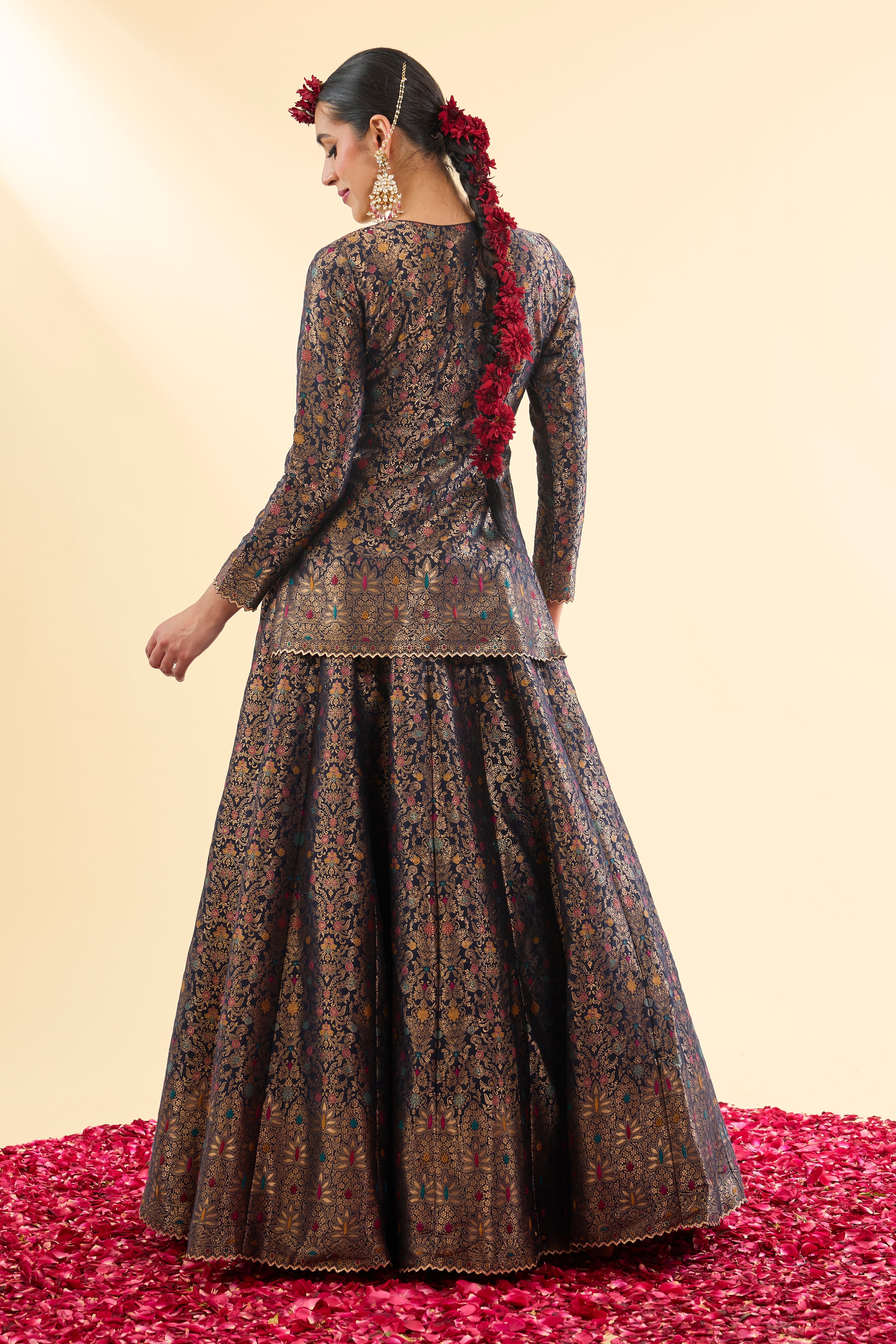 Roshnara Bagh Navy Blue Lehenga with Dupatta Set of 3