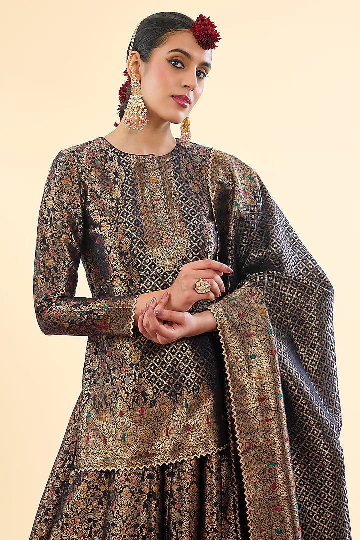 Roshnara Bagh Navy Blue Lehenga with Dupatta Set of 3