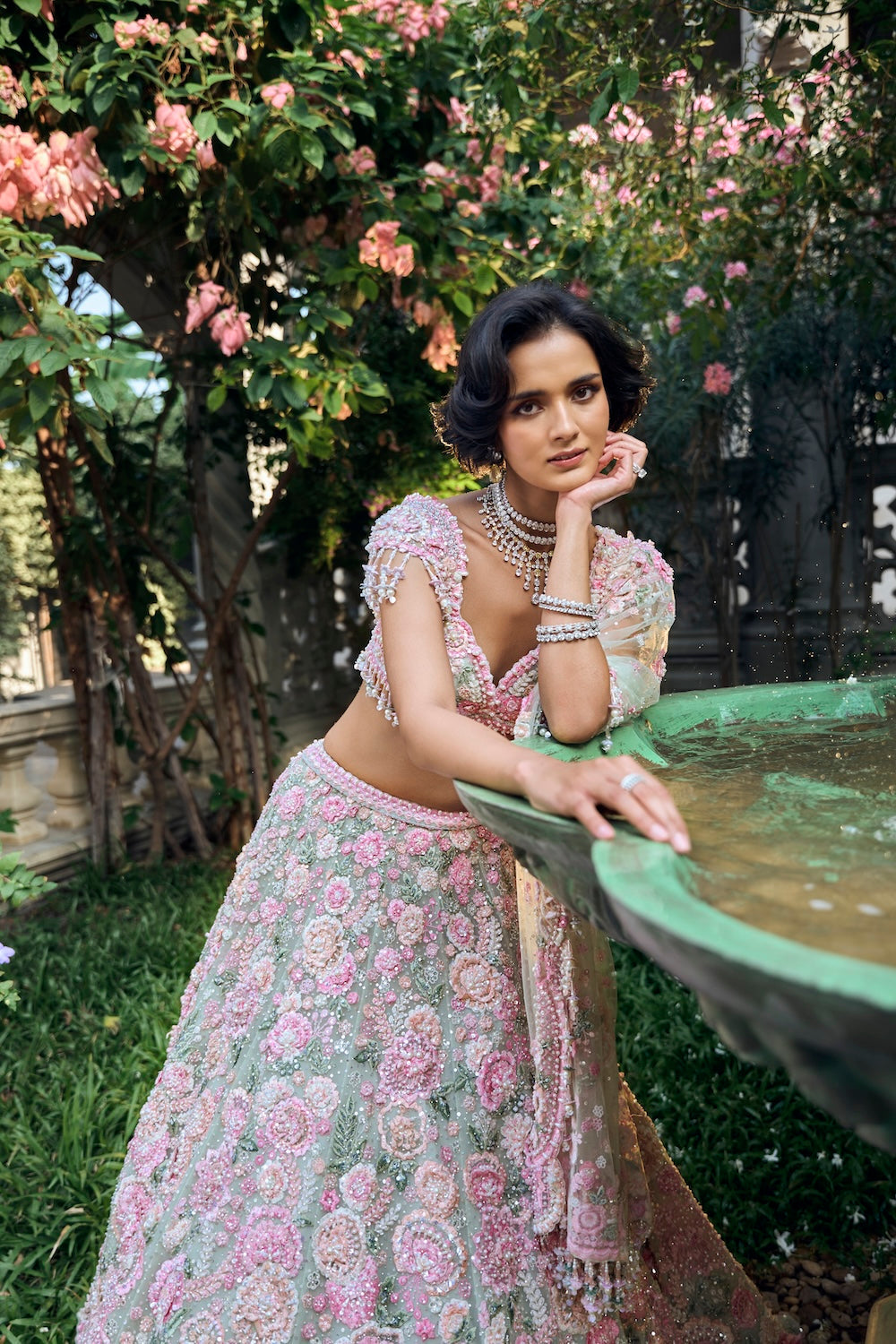Mint Green Multi-Coloured Floral Lehenga Set