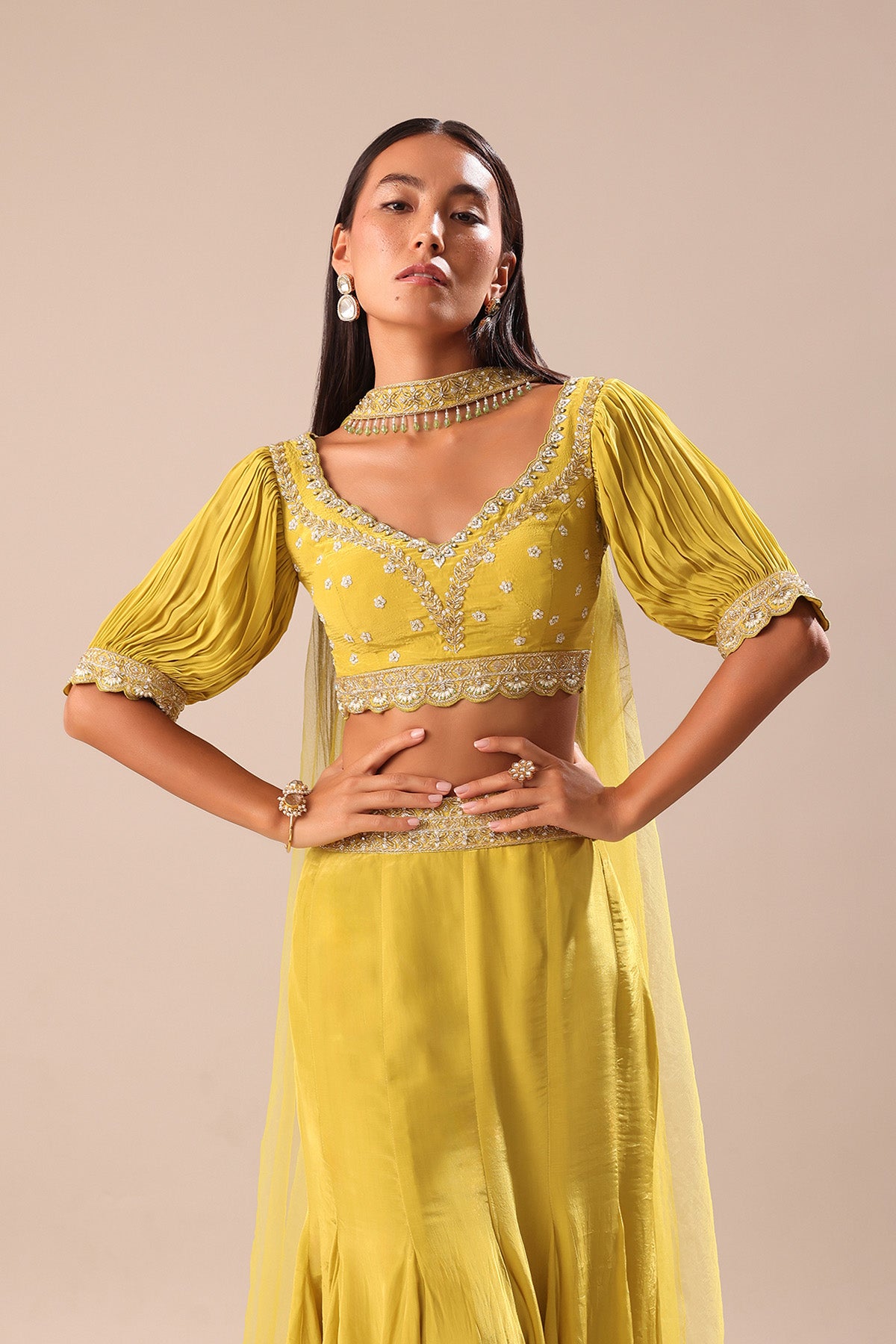 Lime Yellow Hand Embroidered Skirt And Blouse Set