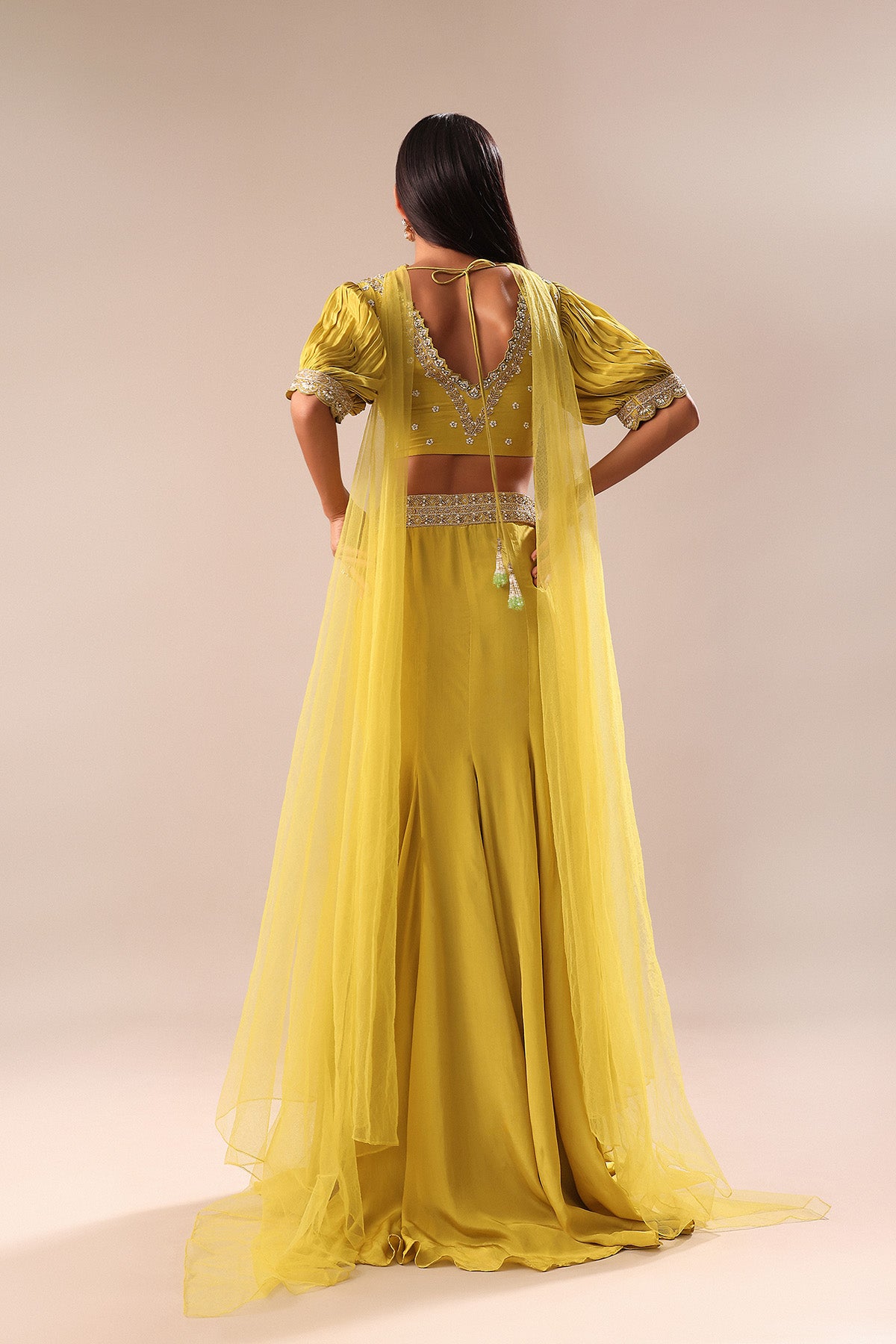 Lime Yellow Hand Embroidered Skirt And Blouse Set