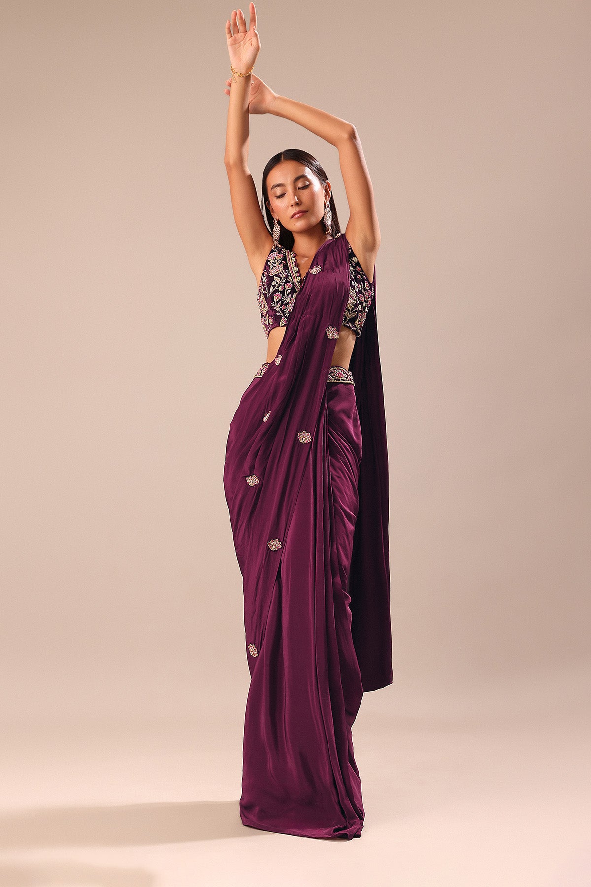 Wine Embroidered Pre Stitched Saree With Blouse