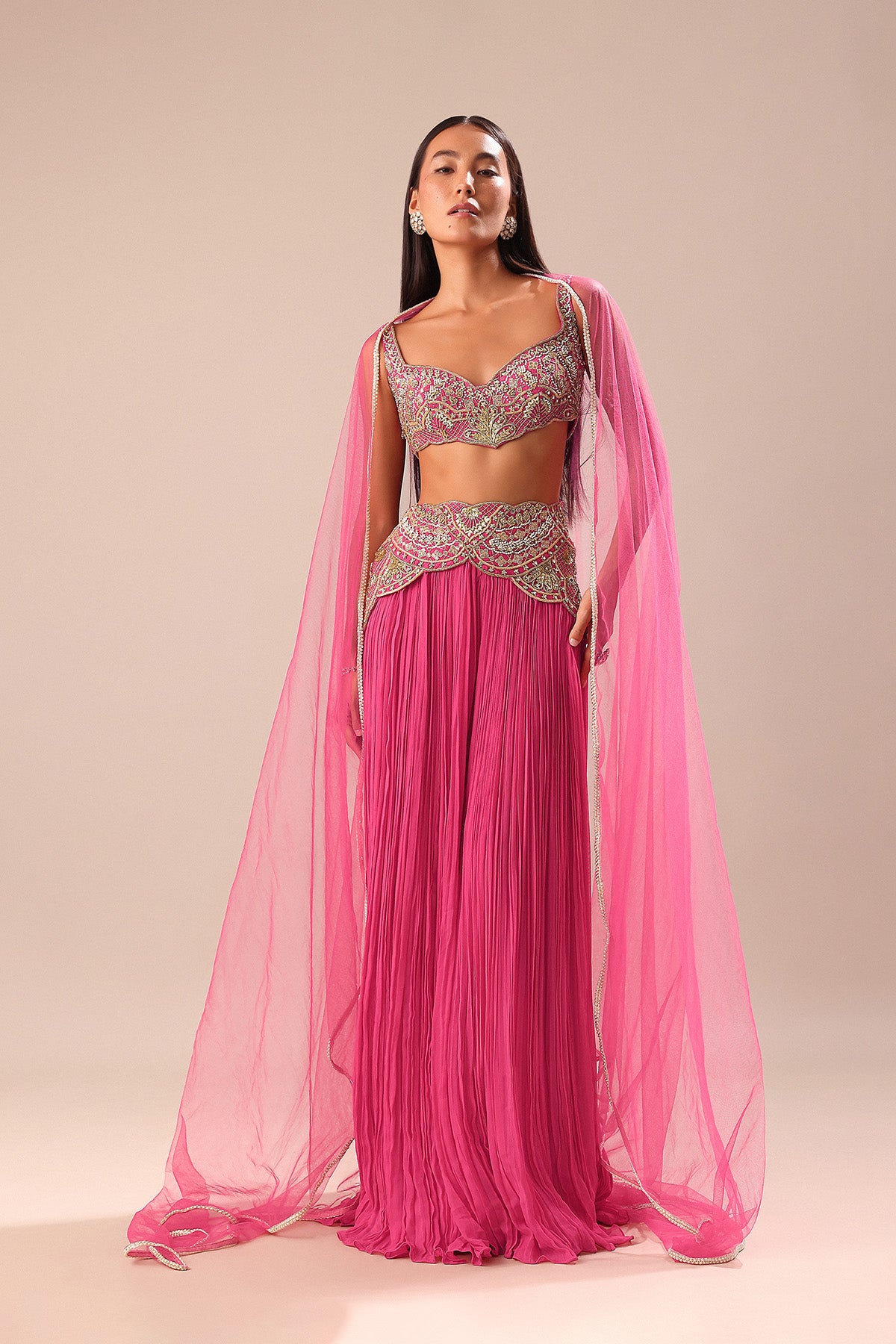 Crimson Red Palazzo With Embroidered Blouse And Cape