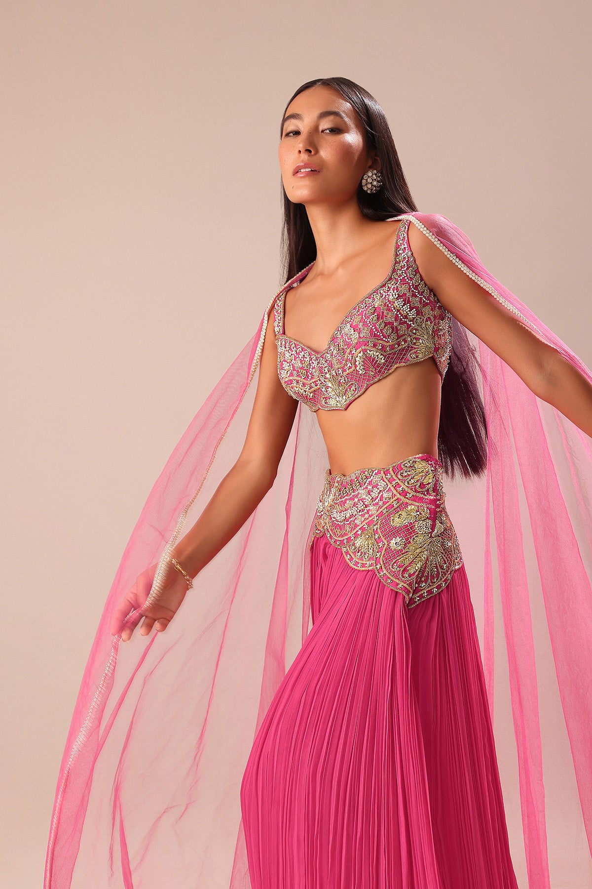 Crimson Red Palazzo With Embroidered Blouse And Cape