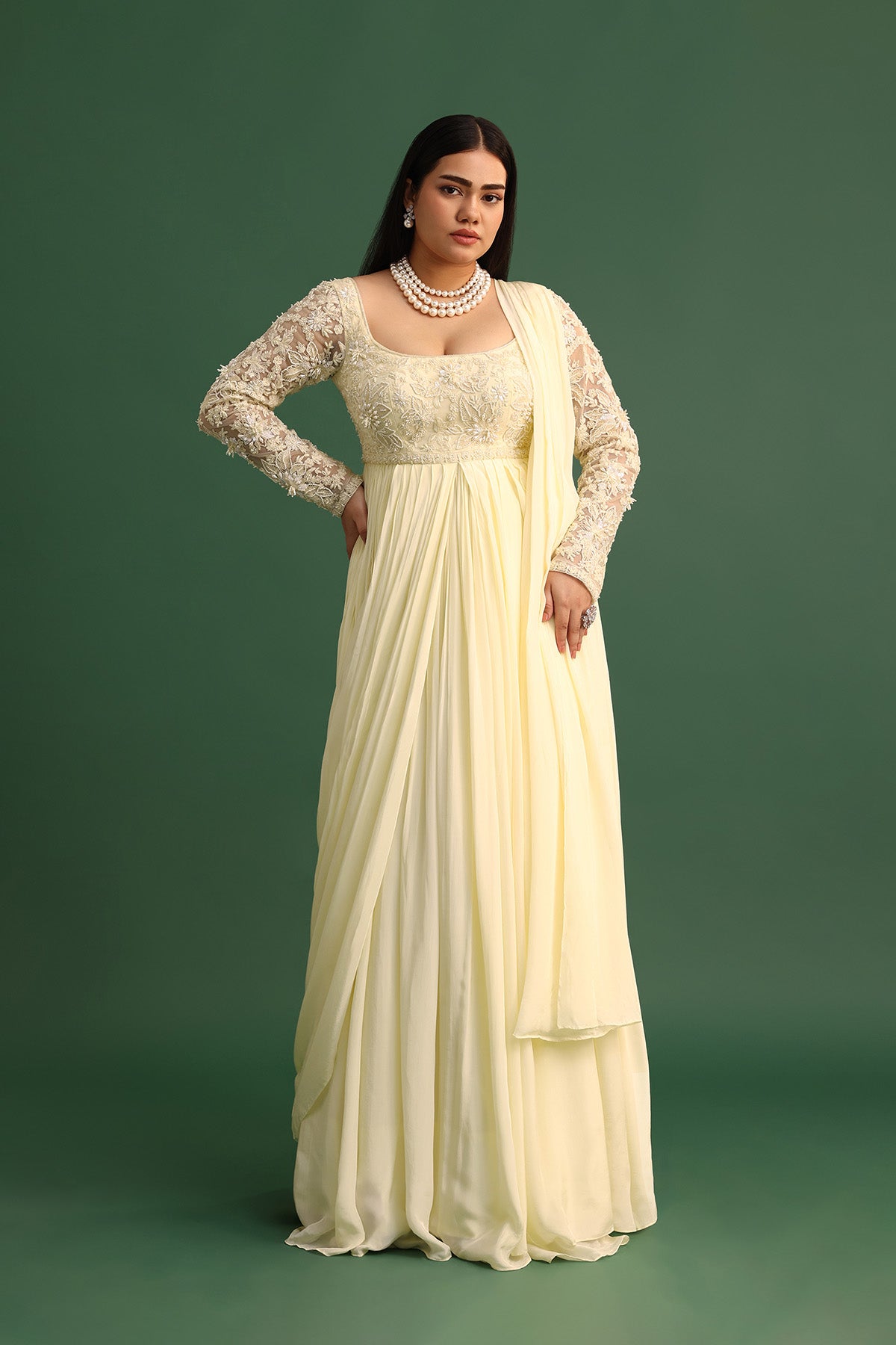 Off White Pallu Style Draped Anarkali Suit