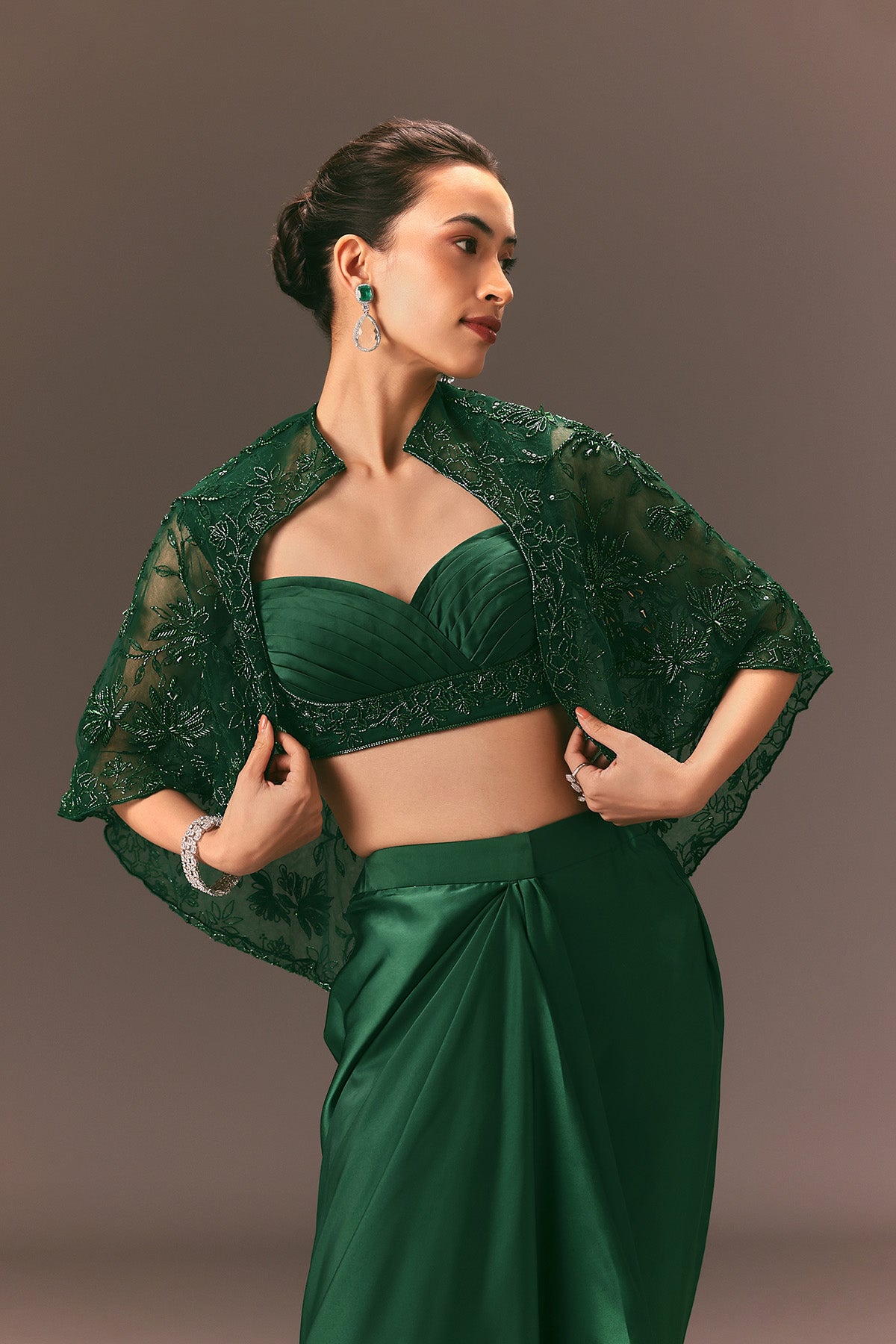 Bottle Green Net Hand Work Fusion Draped Skirt Set