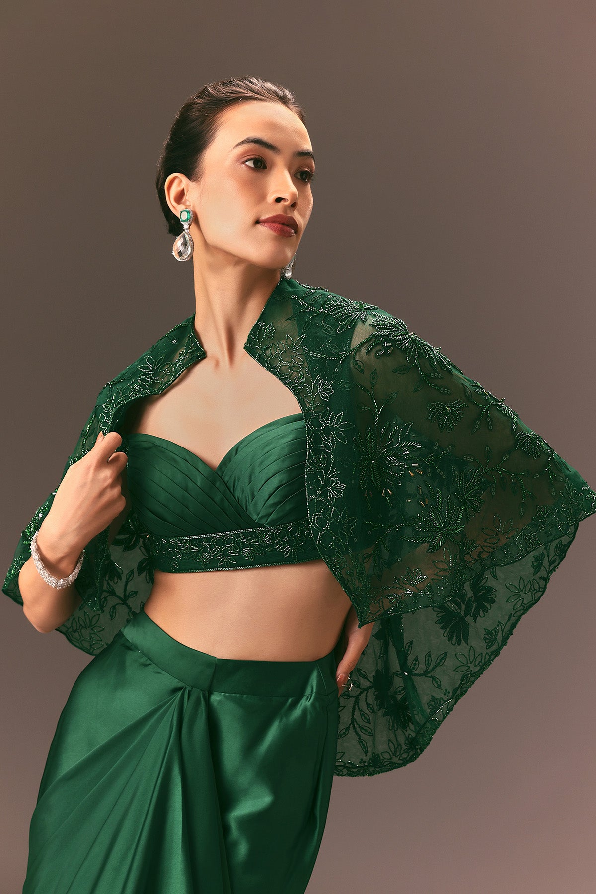 Bottle Green Net Hand Work Fusion Draped Skirt Set