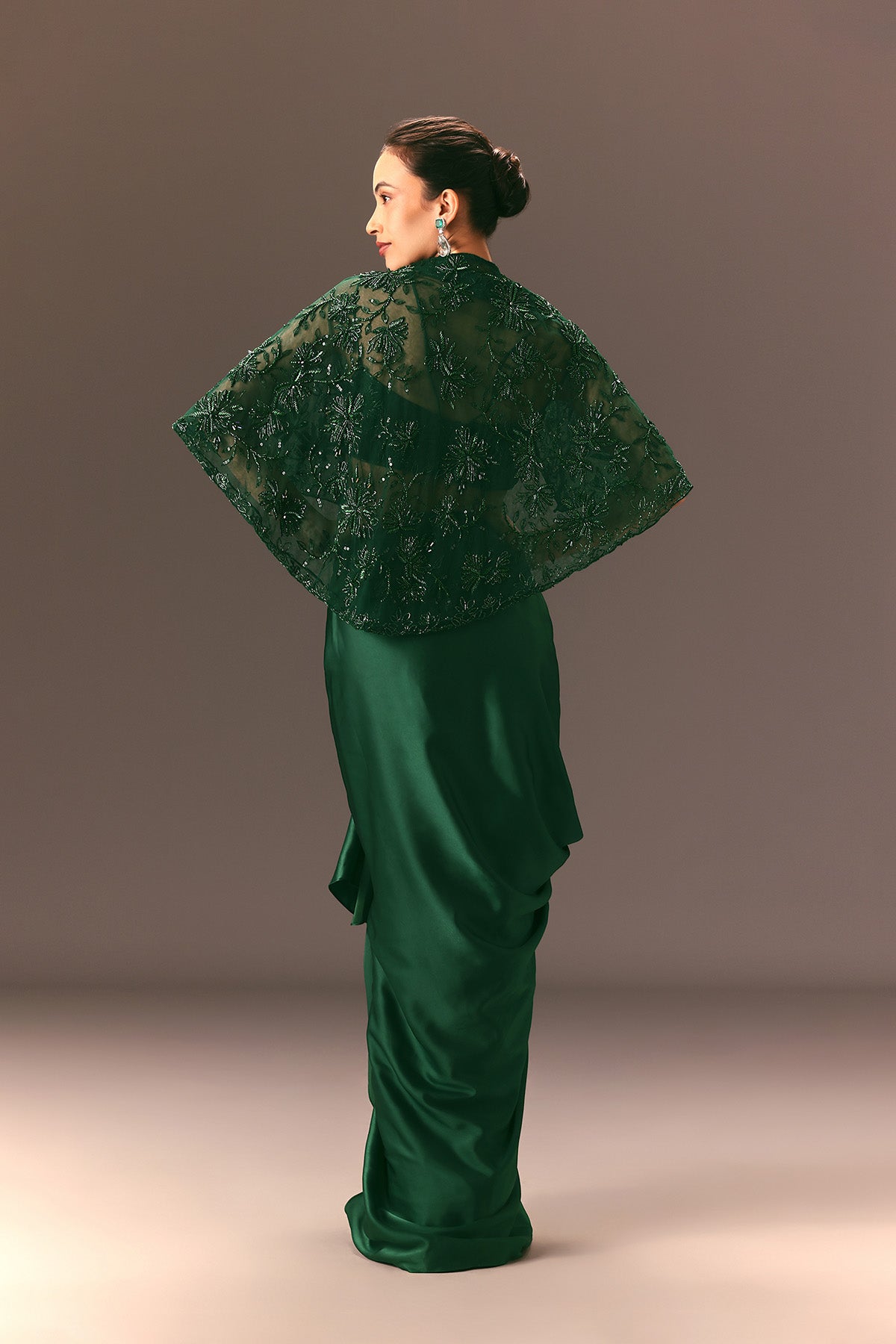 Bottle Green Net Hand Work Fusion Draped Skirt Set