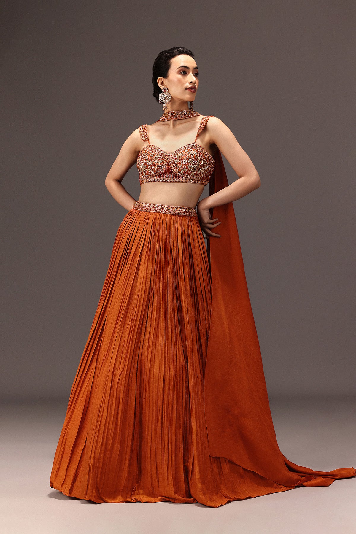 Burnt Rust Organza Hand Embellished Ruched Lehenga Set With Choker Dupatta