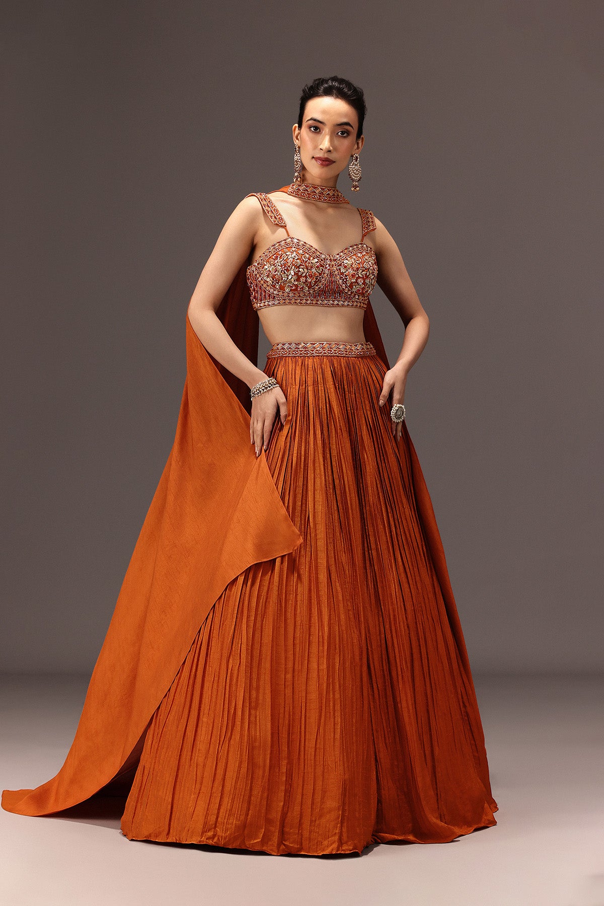 Burnt Rust Organza Hand Embellished Ruched Lehenga Set With Choker Dupatta