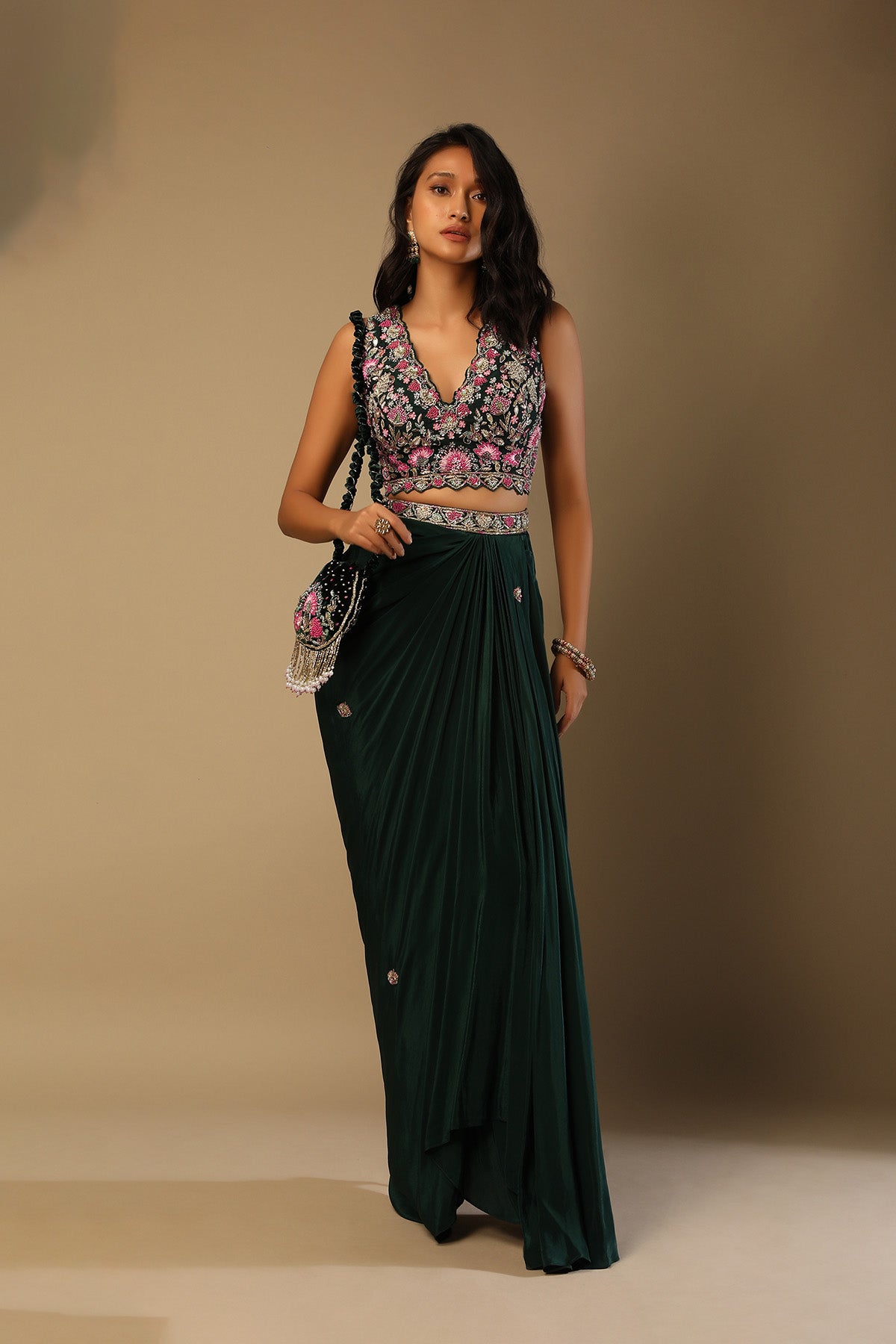 Bottle Green Dhoti Skirt And Choli With Multi Colored Hand Embroidery In Floral Motifs