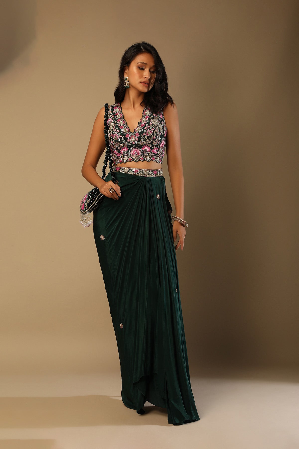 Bottle Green Dhoti Skirt And Choli With Multi Colored Hand Embroidery In Floral Motifs