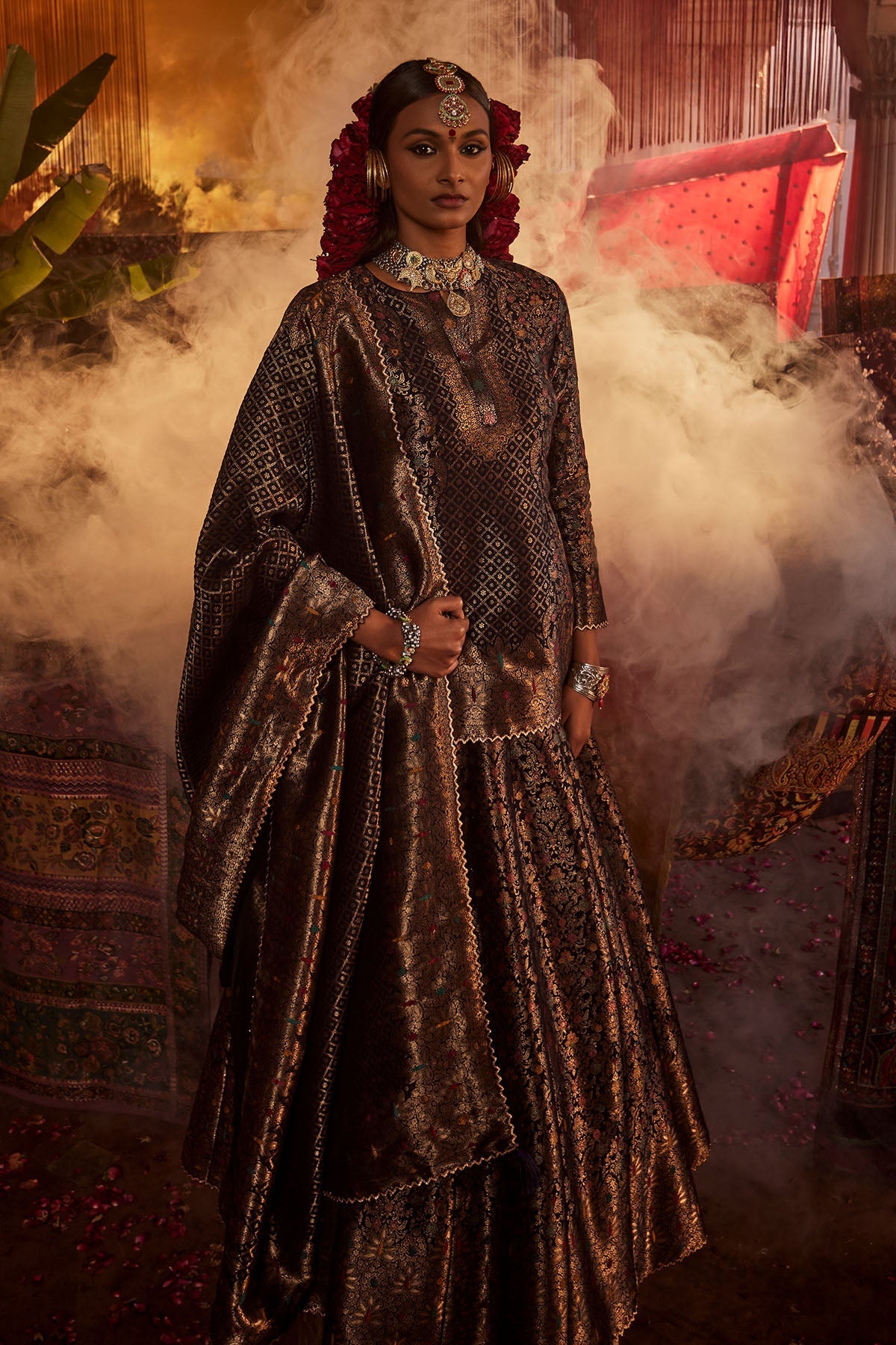 Roshnara Bagh Navy Blue Lehenga with Dupatta Set of 3
