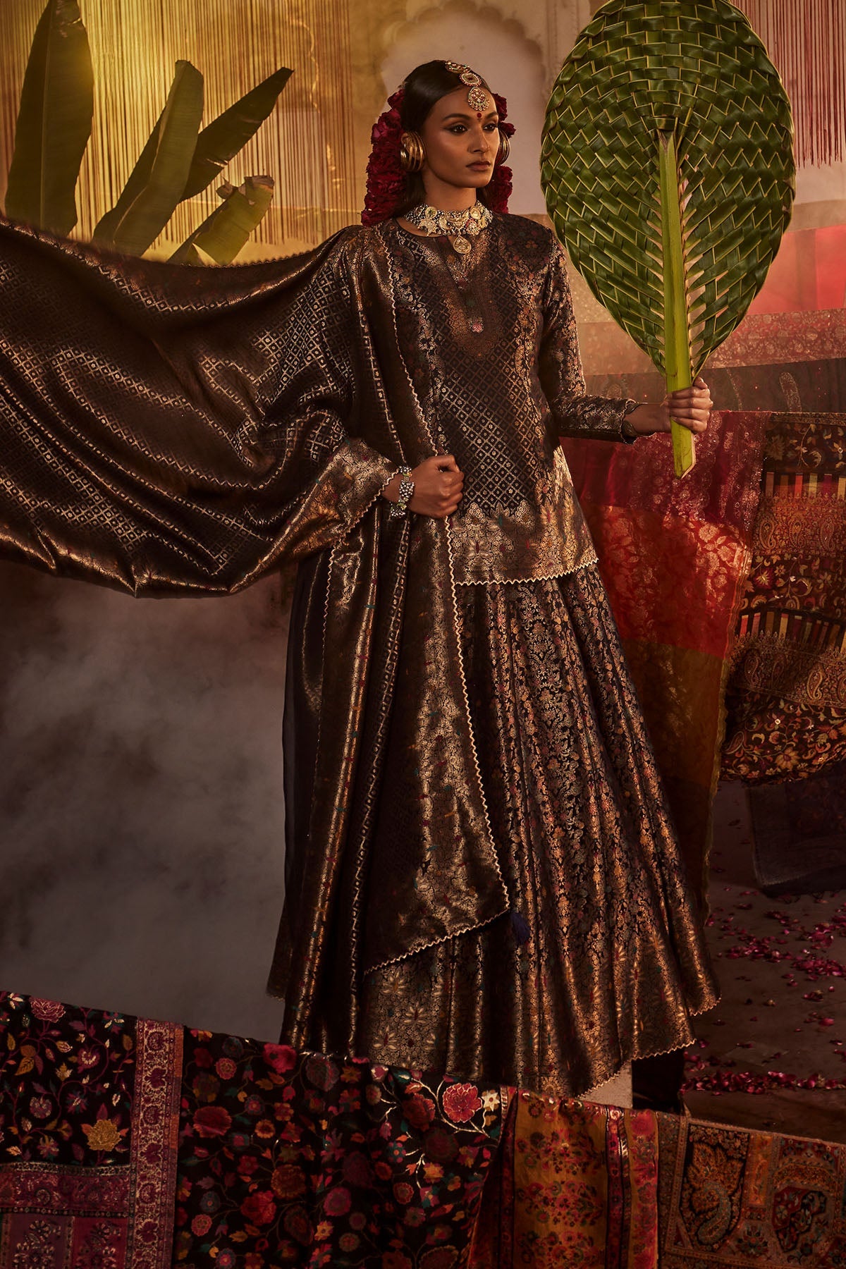 Roshnara Bagh Navy Blue Lehenga with Dupatta Set of 3