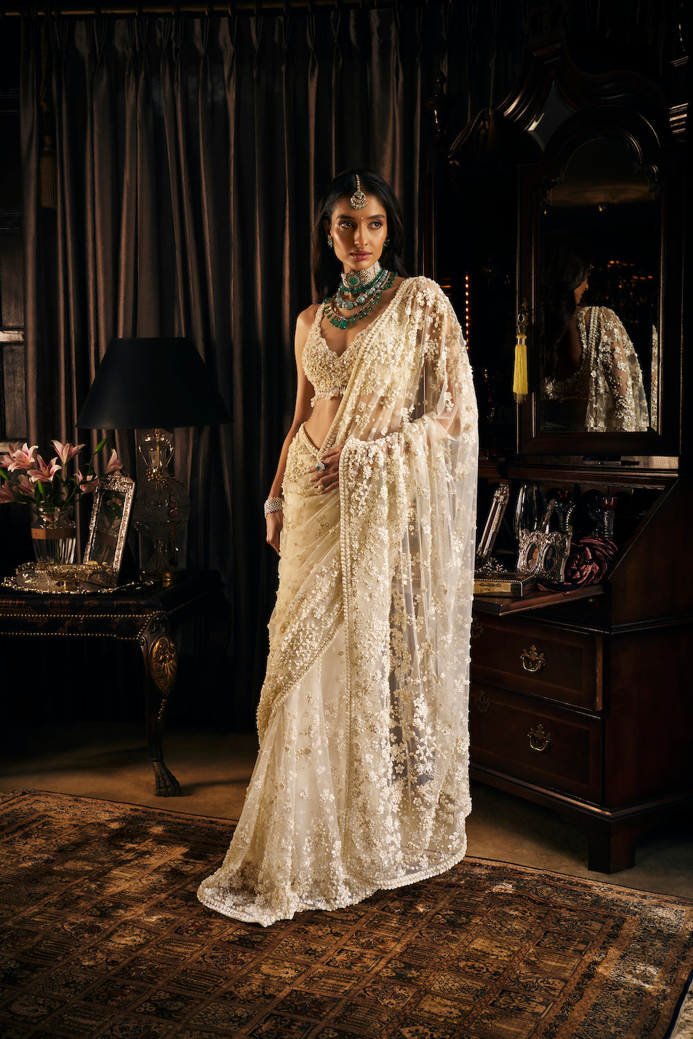 Nora Fatehi in Ivory Three-dimensional Saree