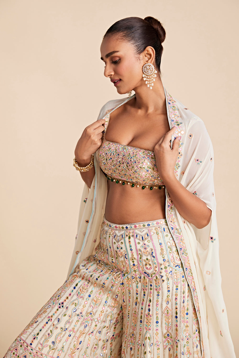 Ivory Georgette High Waist Sharara Set With Cape