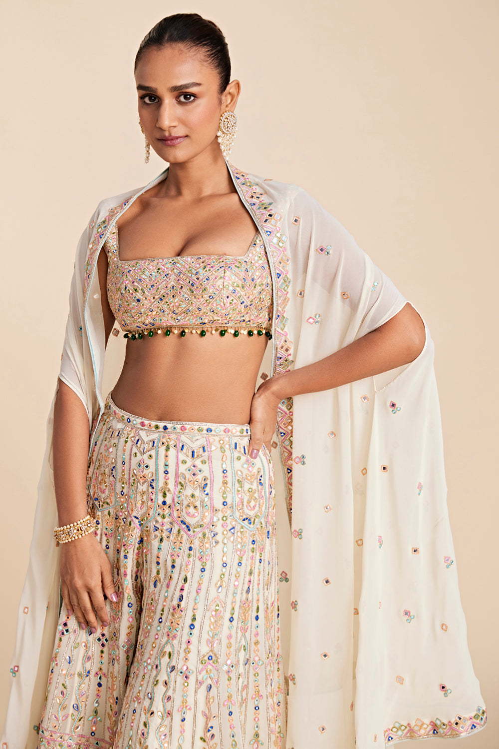 Ivory Georgette High Waist Sharara Set With Cape