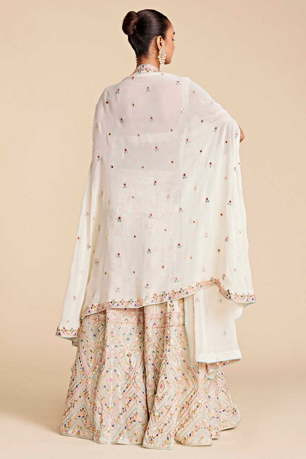 Ivory Georgette High Waist Sharara Set With Cape