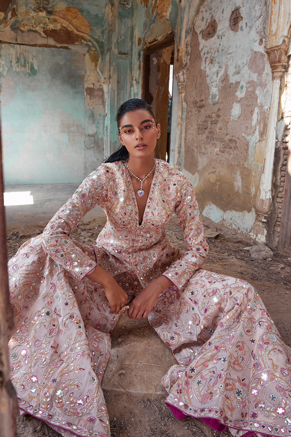 Peach Georgette Peplum Kurta and Sharara Set