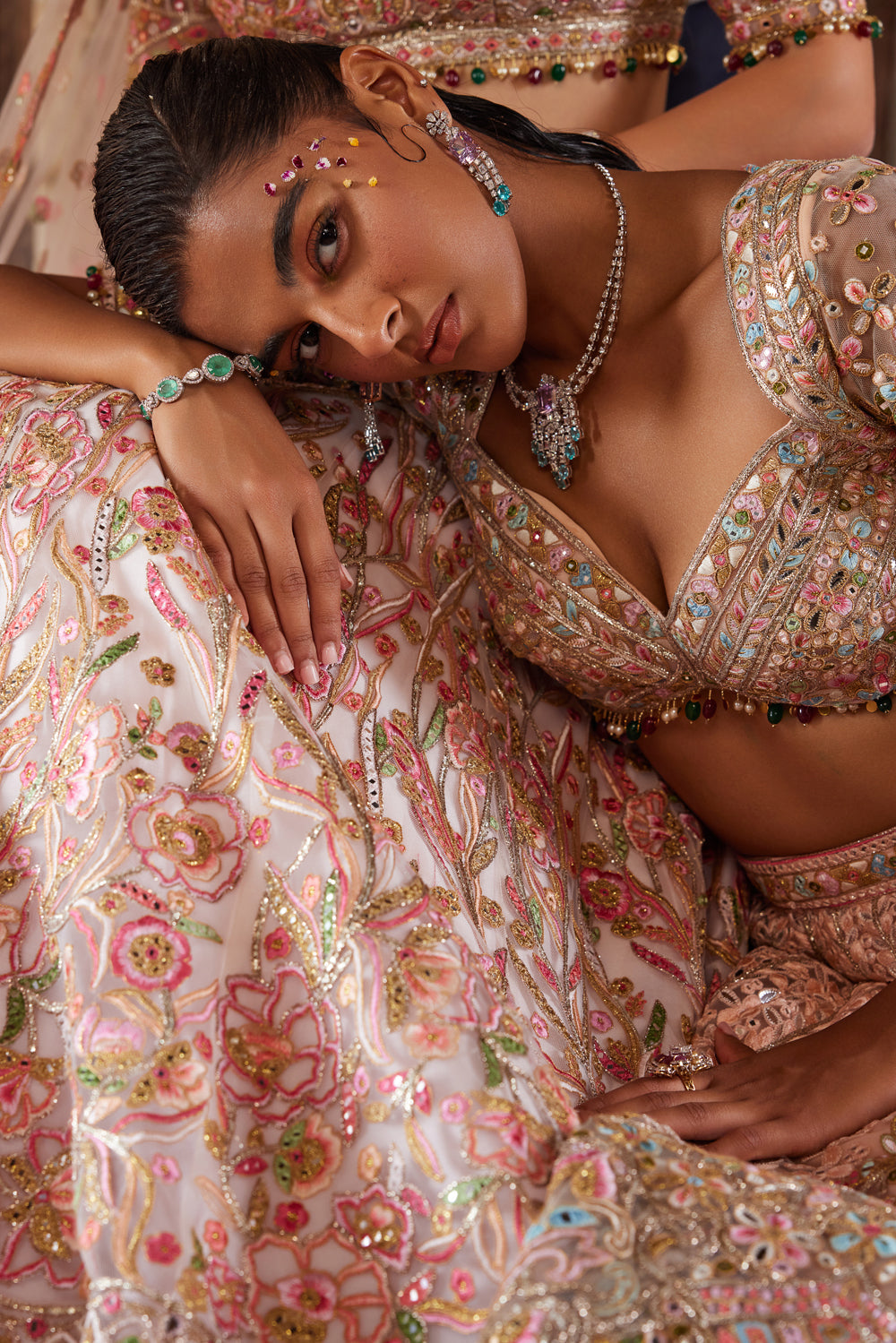 Peach Net Self and Multicolour Embroidered Lehenga Set - Ready to Ship
