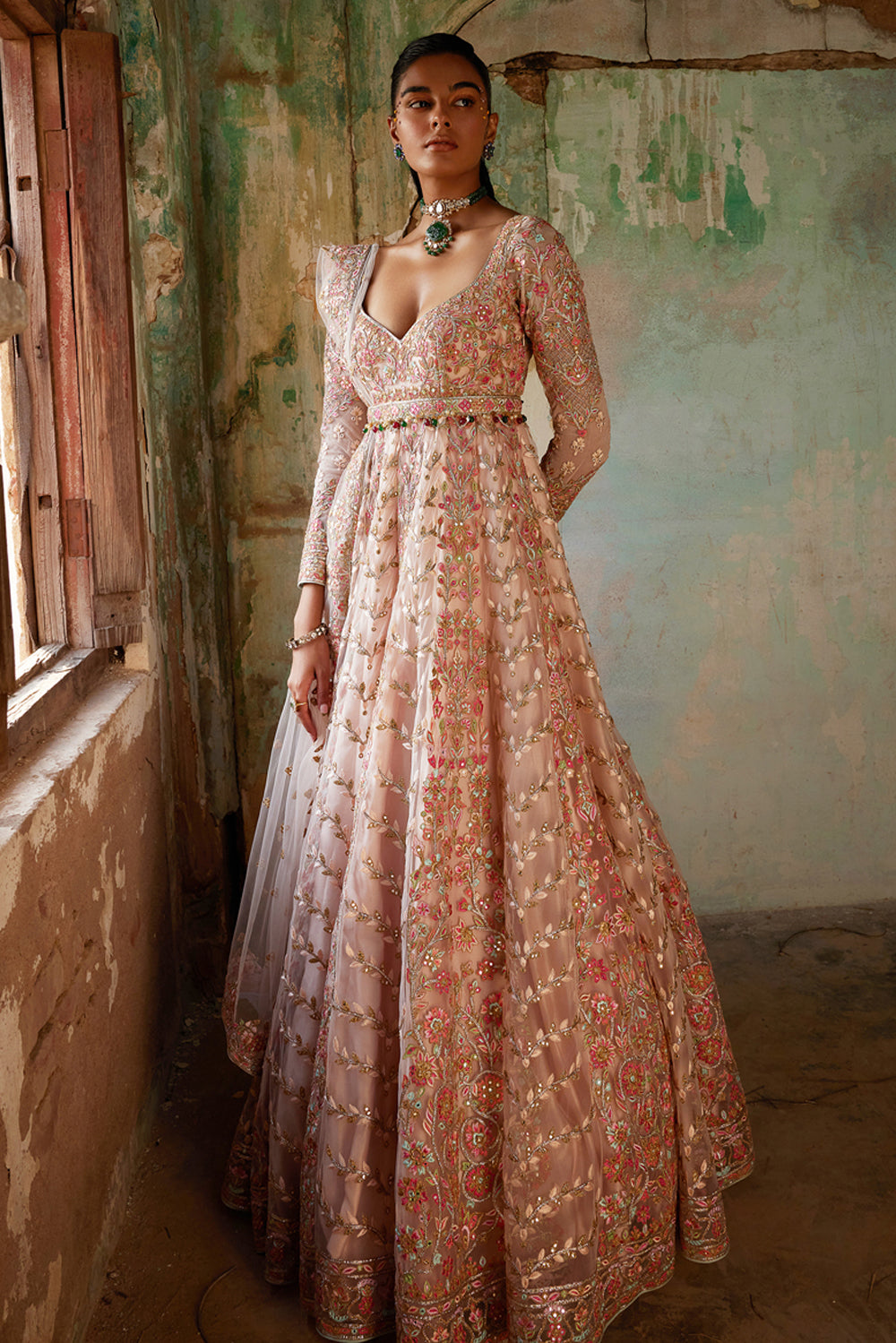 Peach Net Floor Length Anarkali Set