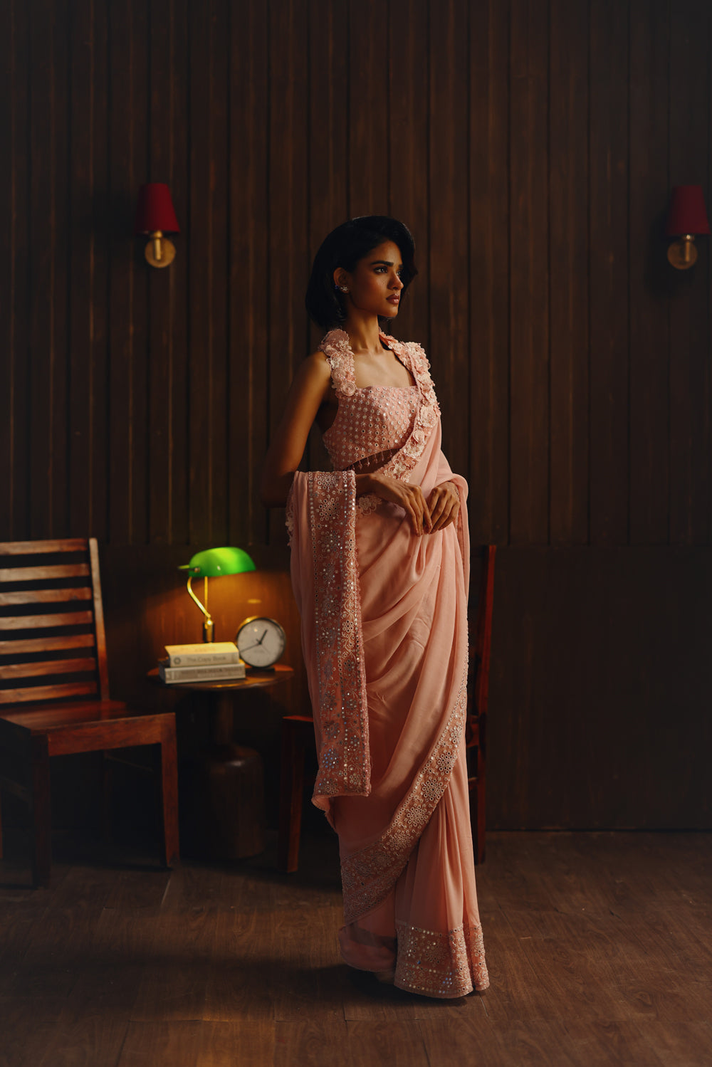 Georgette 3d flowers embellished saree With Floral Halter Neck blouse