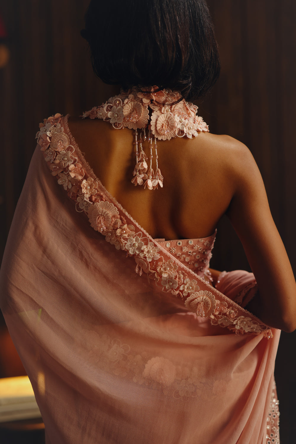 Georgette 3d flowers embellished saree With Floral Halter Neck blouse