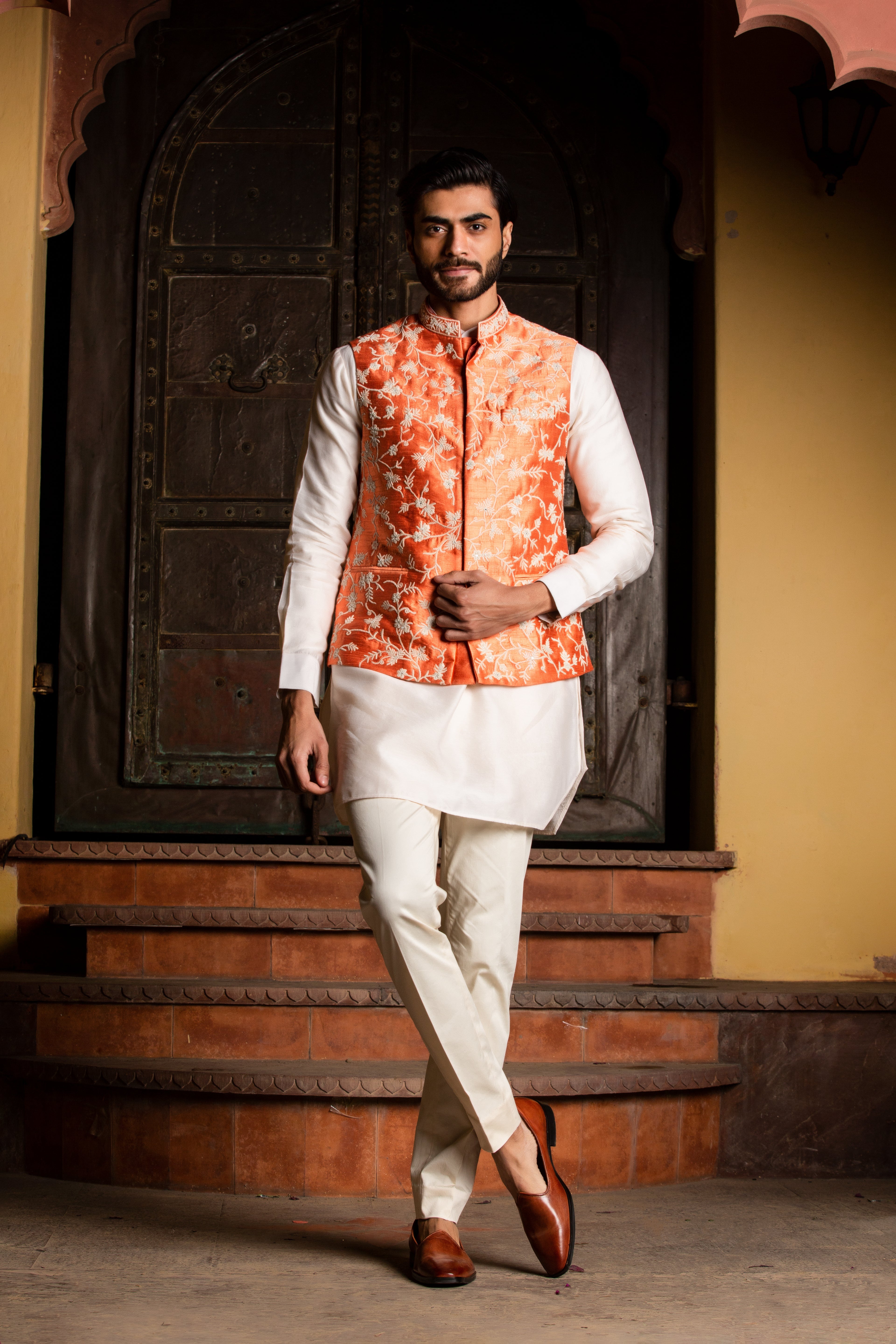 Orange Raw Silk Embroidered Nehru Jacket with Kurta & Pant