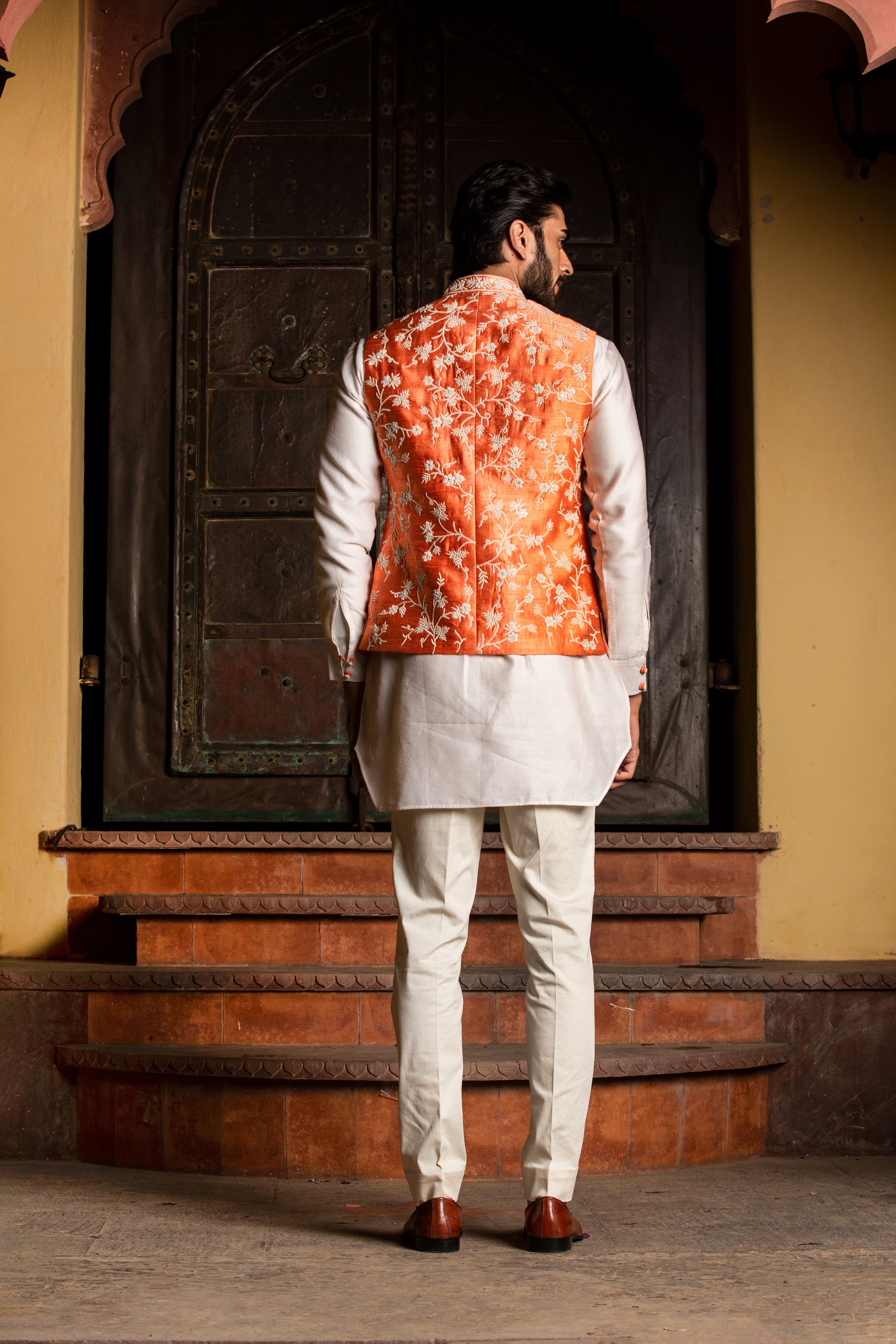Orange Raw Silk Embroidered Nehru Jacket with Kurta & Pant